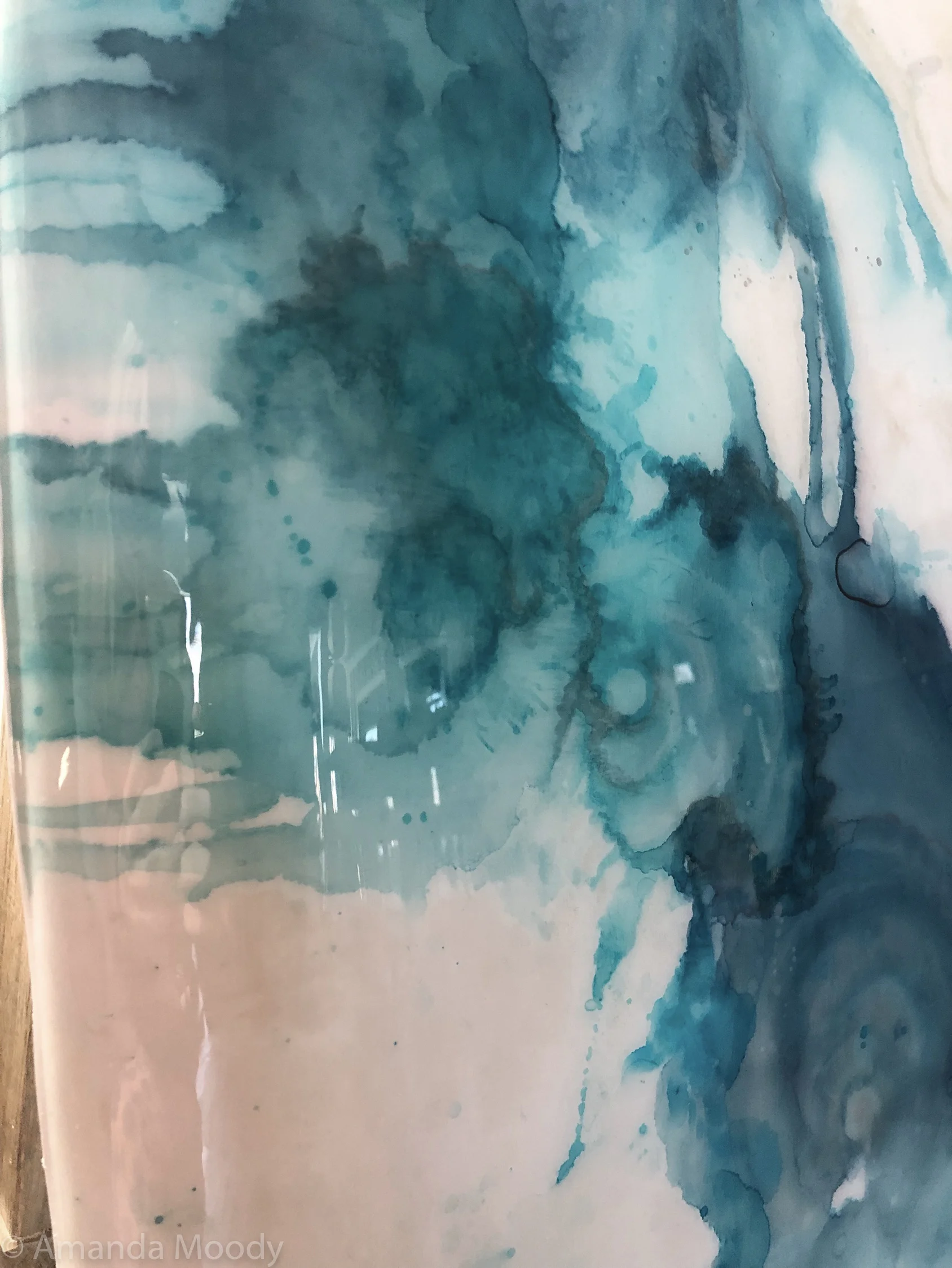 detail of the weather is here mixed media vintage resin surfboard by north carolina abstract artist amanda moody
