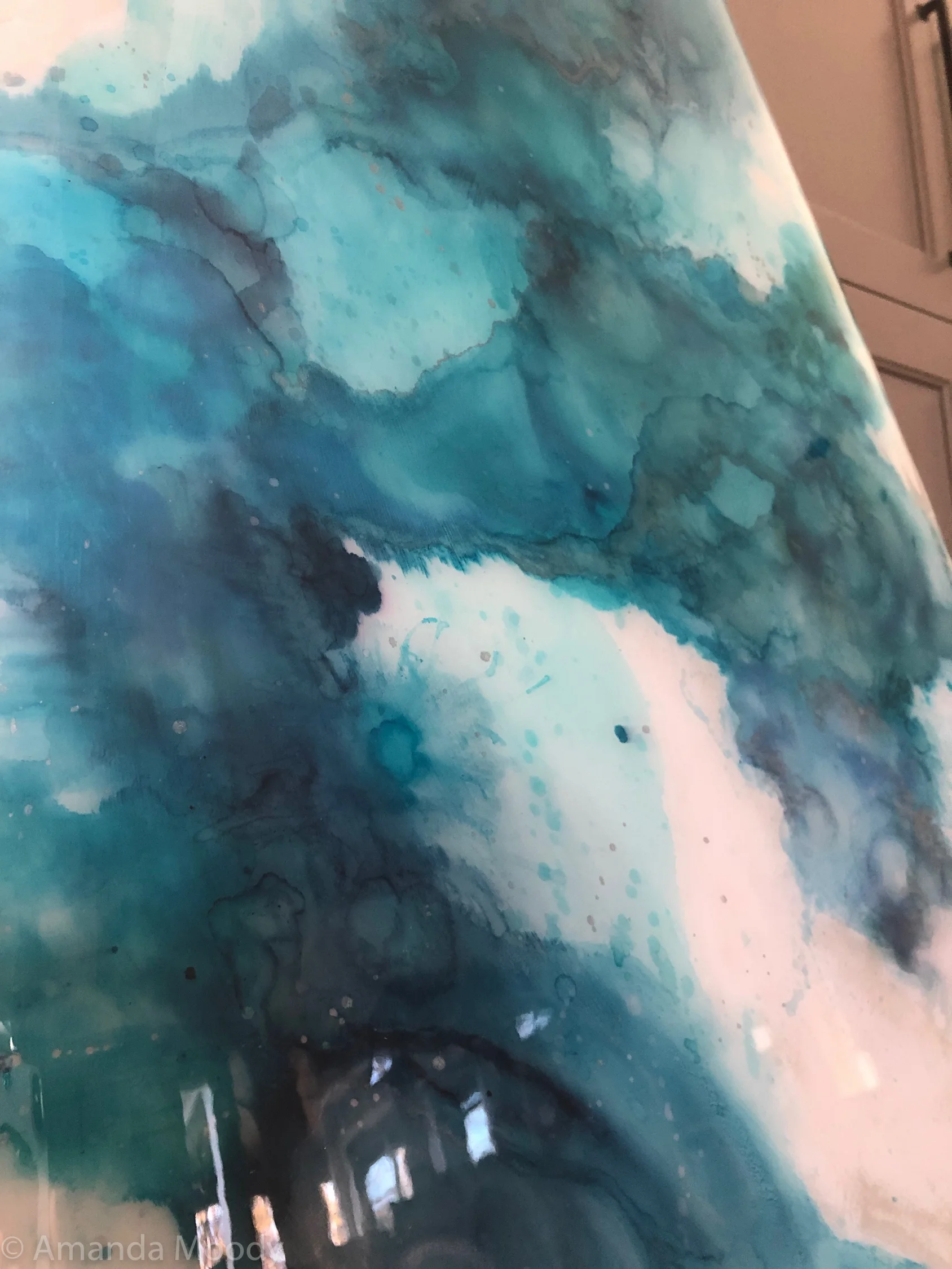 detail of the weather is here mixed media vintage resin surfboard by north carolina abstract artist amanda moody