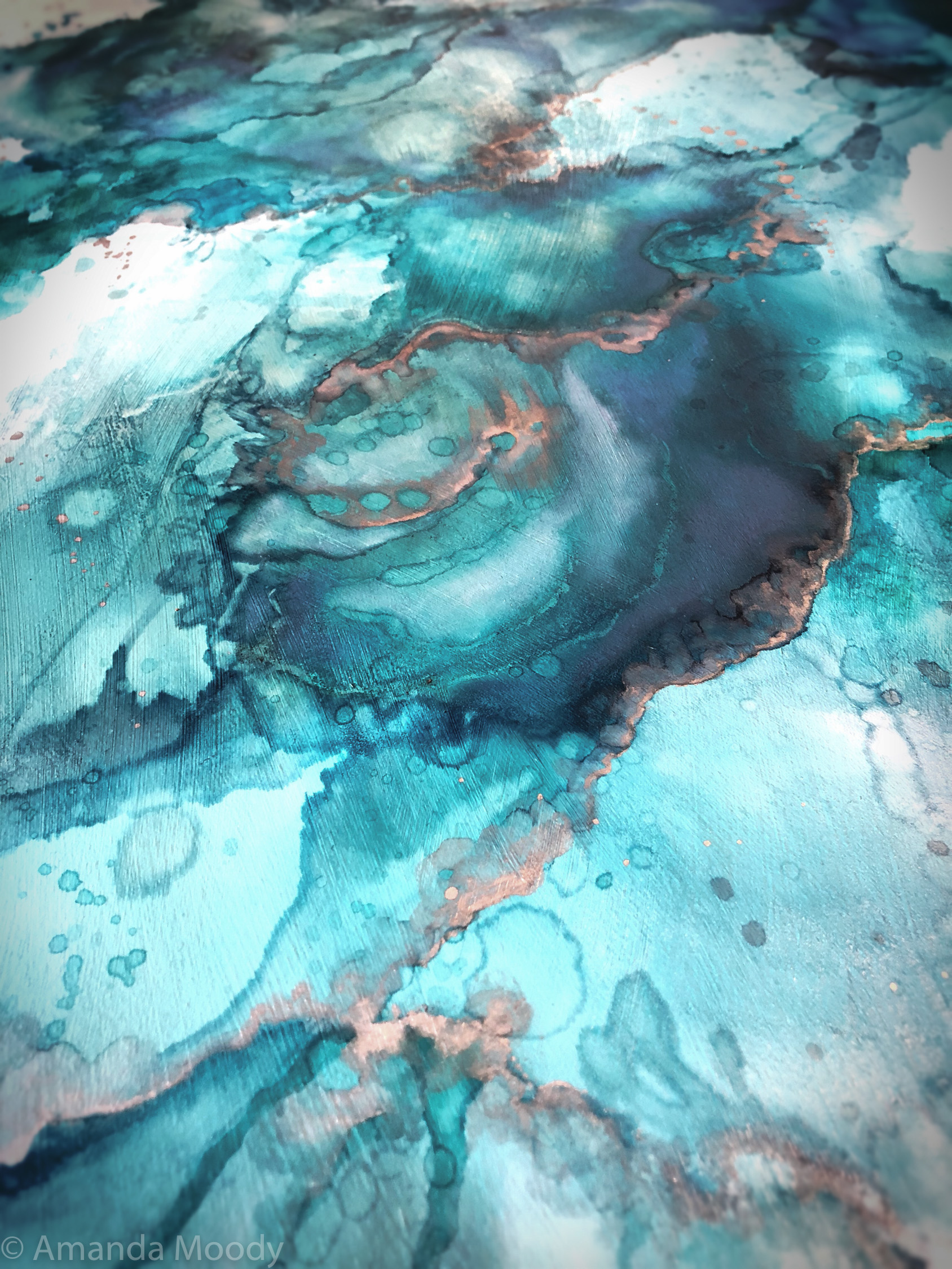 detail of the weather is here mixed media vintage resin surfboard by north carolina abstract artist amanda moody