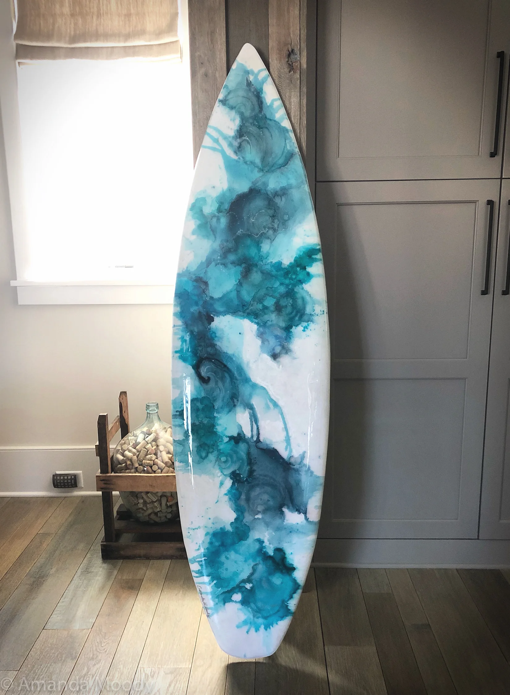 detail of the weather is here mixed media vintage resin surfboard by north carolina abstract artist amanda moody