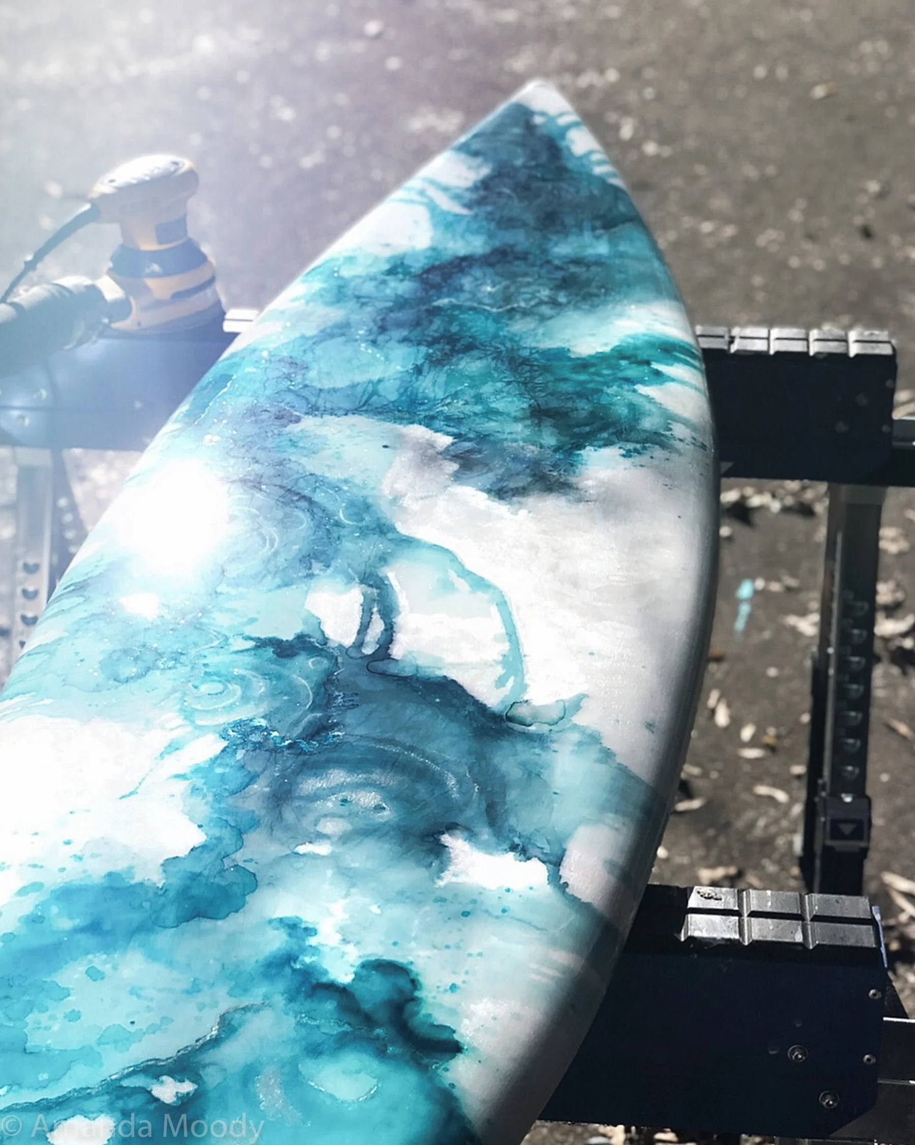 in process image of the weather is here mixed media vintage resin surfboard by north carolina abstract artist amanda moody