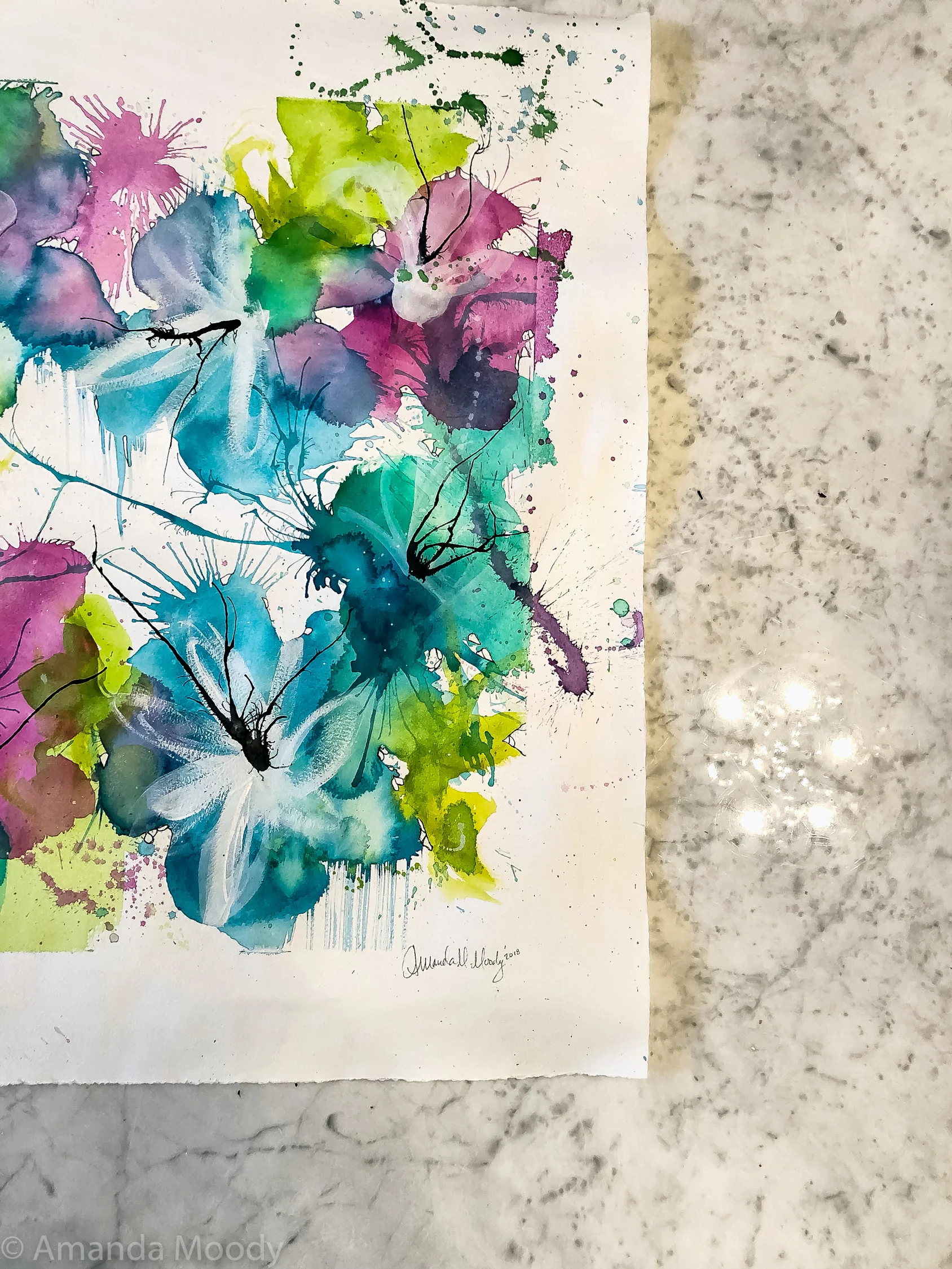 detail of serendipity abstract floral mixed media on paper diptych by north carolina artist amanda moody