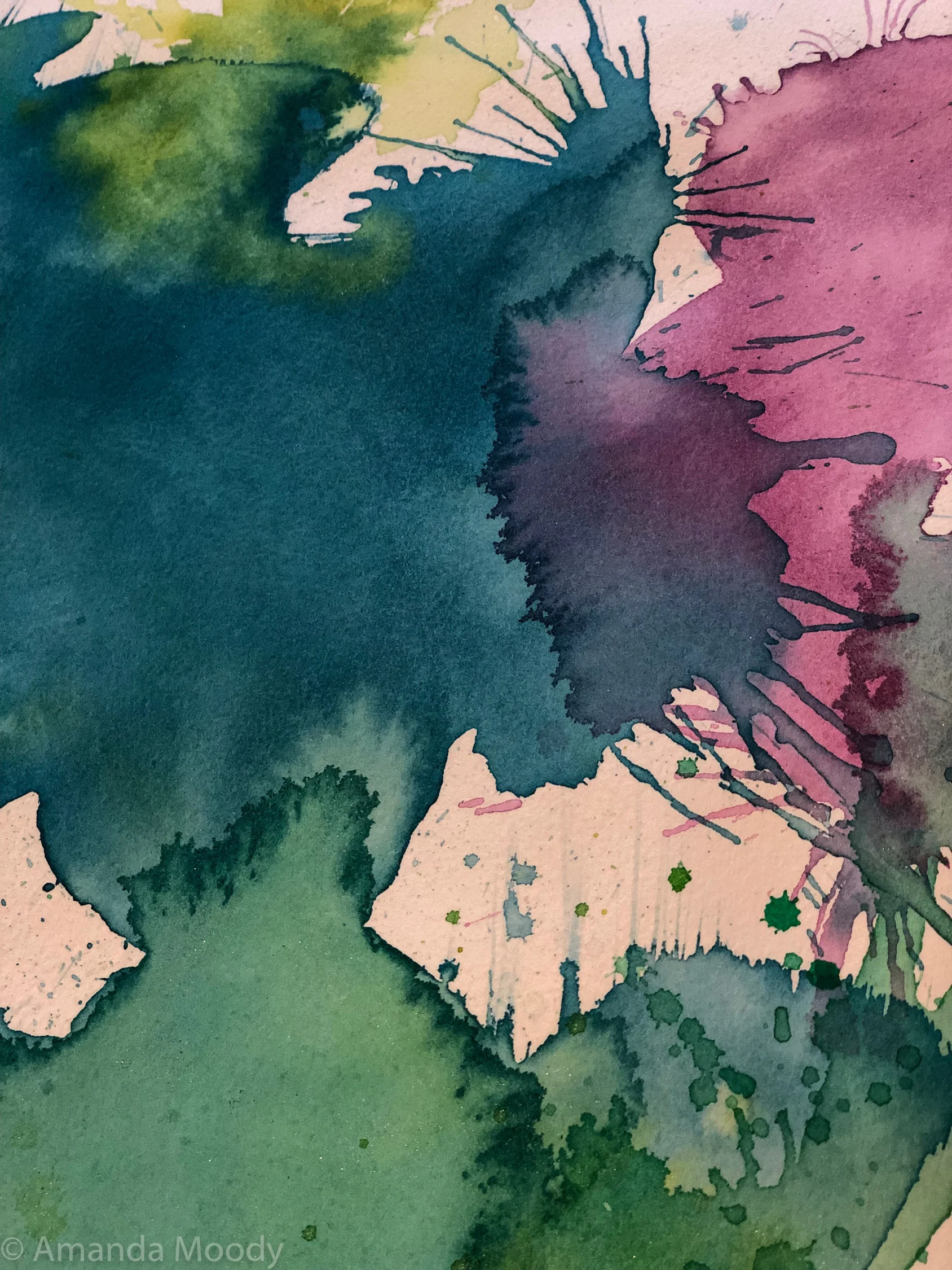detail of serendipity abstract floral mixed media on paper diptych by north carolina artist amanda moody