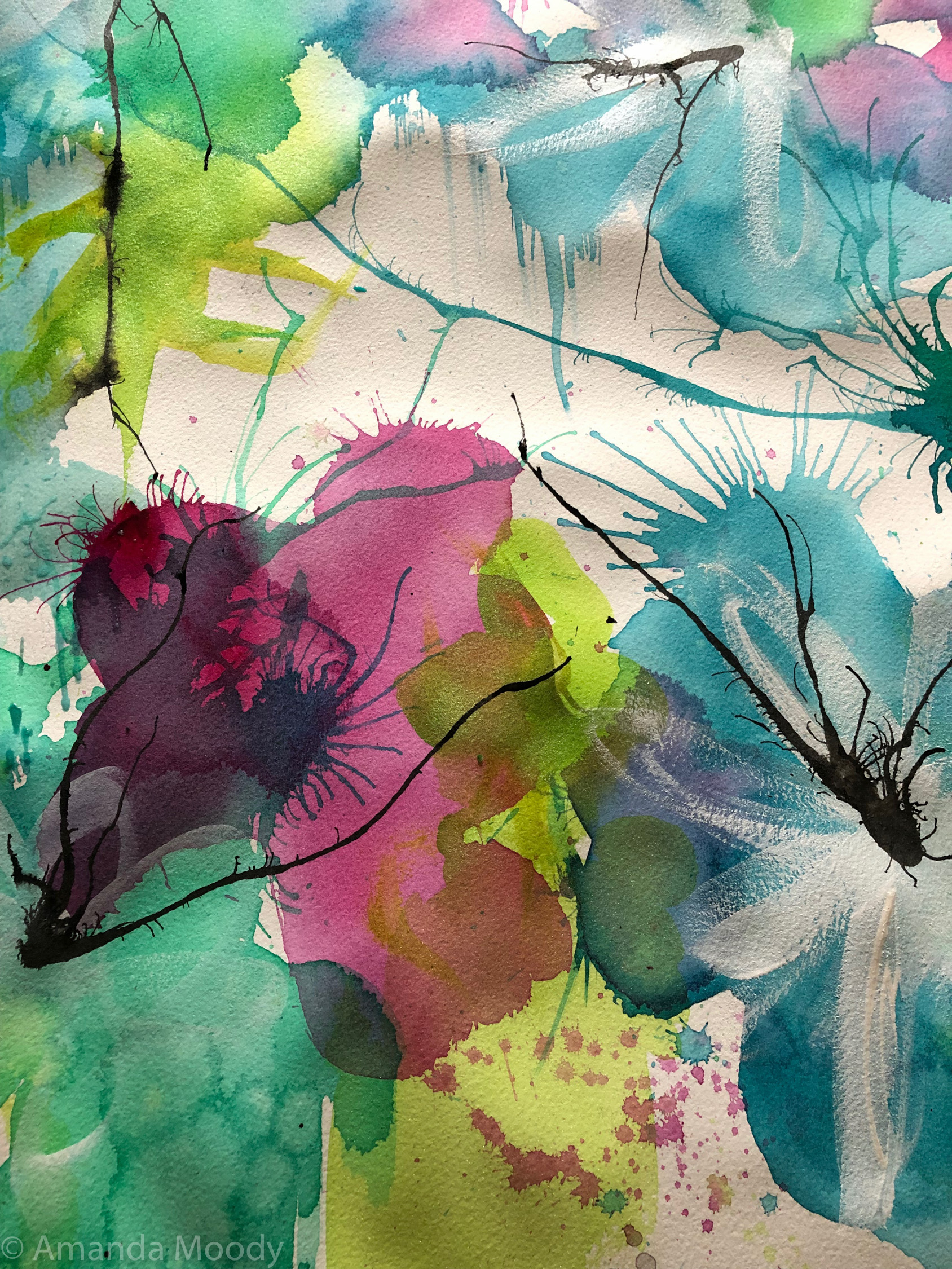 detail of serendipity abstract floral mixed media on paper diptych by north carolina artist amanda moody
