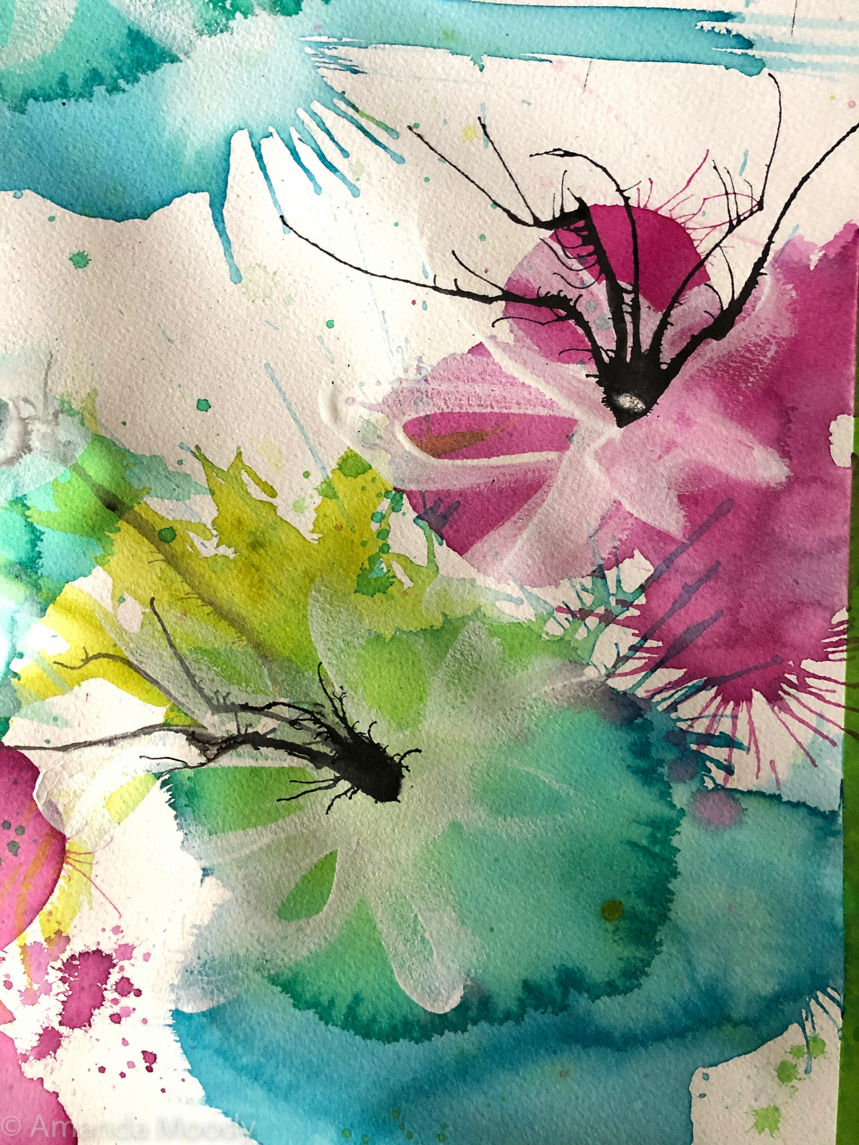 detail of serendipity abstract floral mixed media on paper diptych by north carolina artist amanda moody