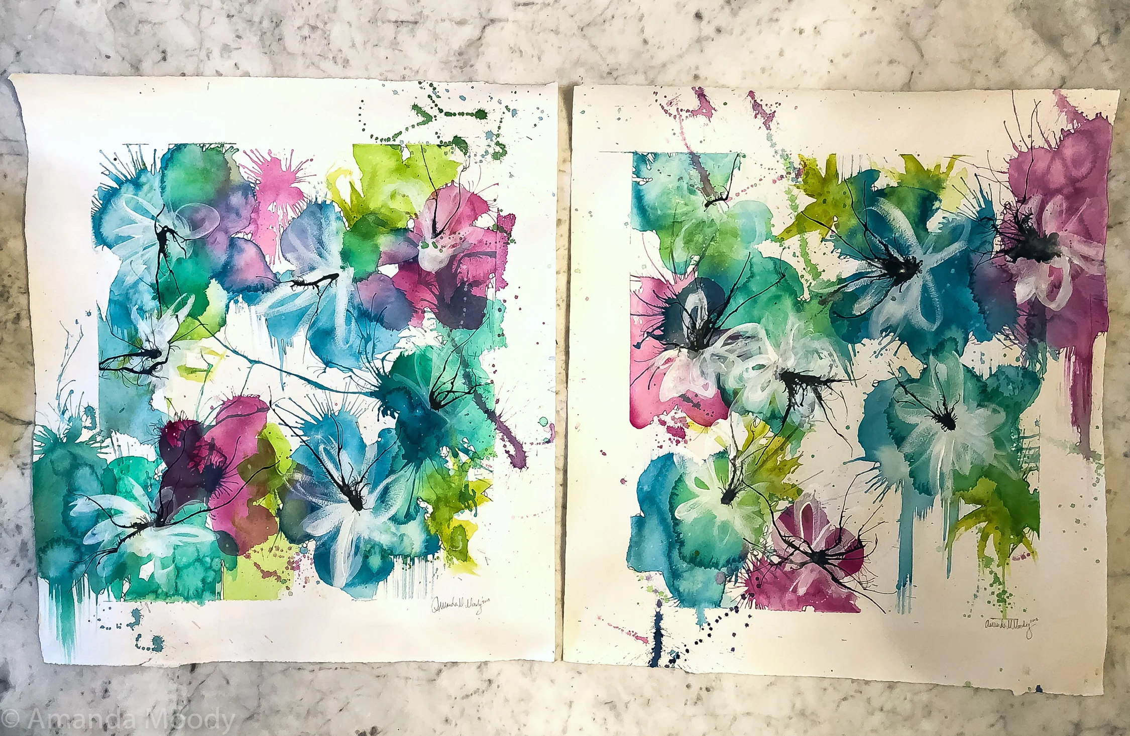 detail of serendipity abstract floral mixed media on paper diptych by north carolina artist amanda moody