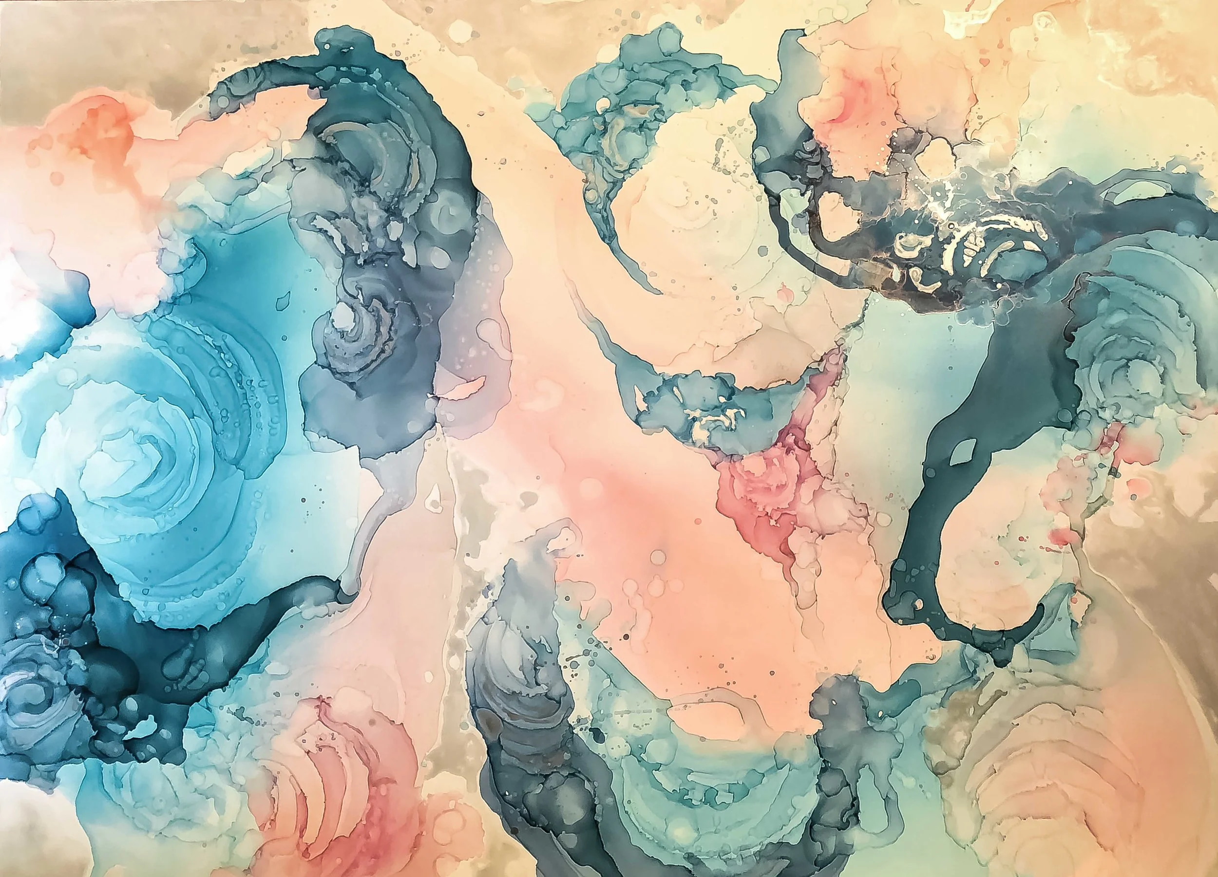 “Sojourn” a completed mixed media and resin piece with alcohol inks as the initial layer.