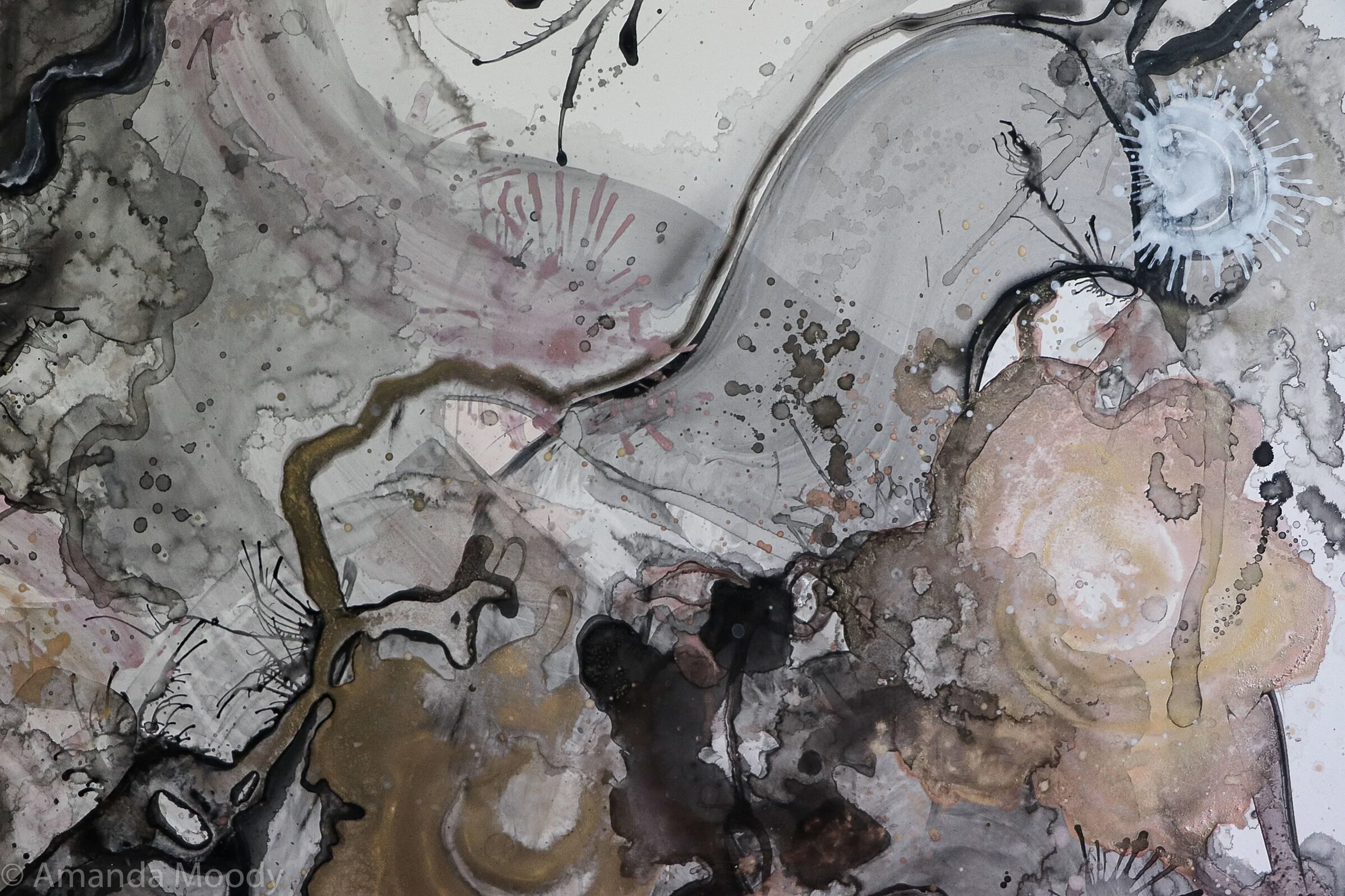 detail of work in progress tumbling dice mixed media and resin by north carolina abstract artist amanda moody