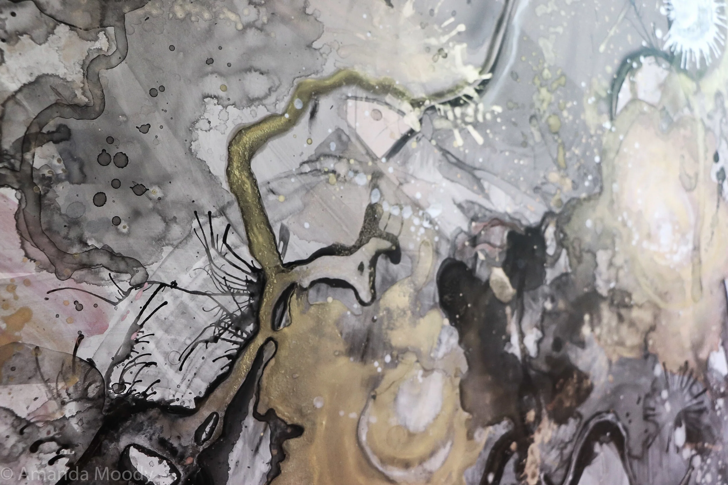 detail of work in progress tumbling dice mixed media and resin by north carolina abstract artist amanda moody