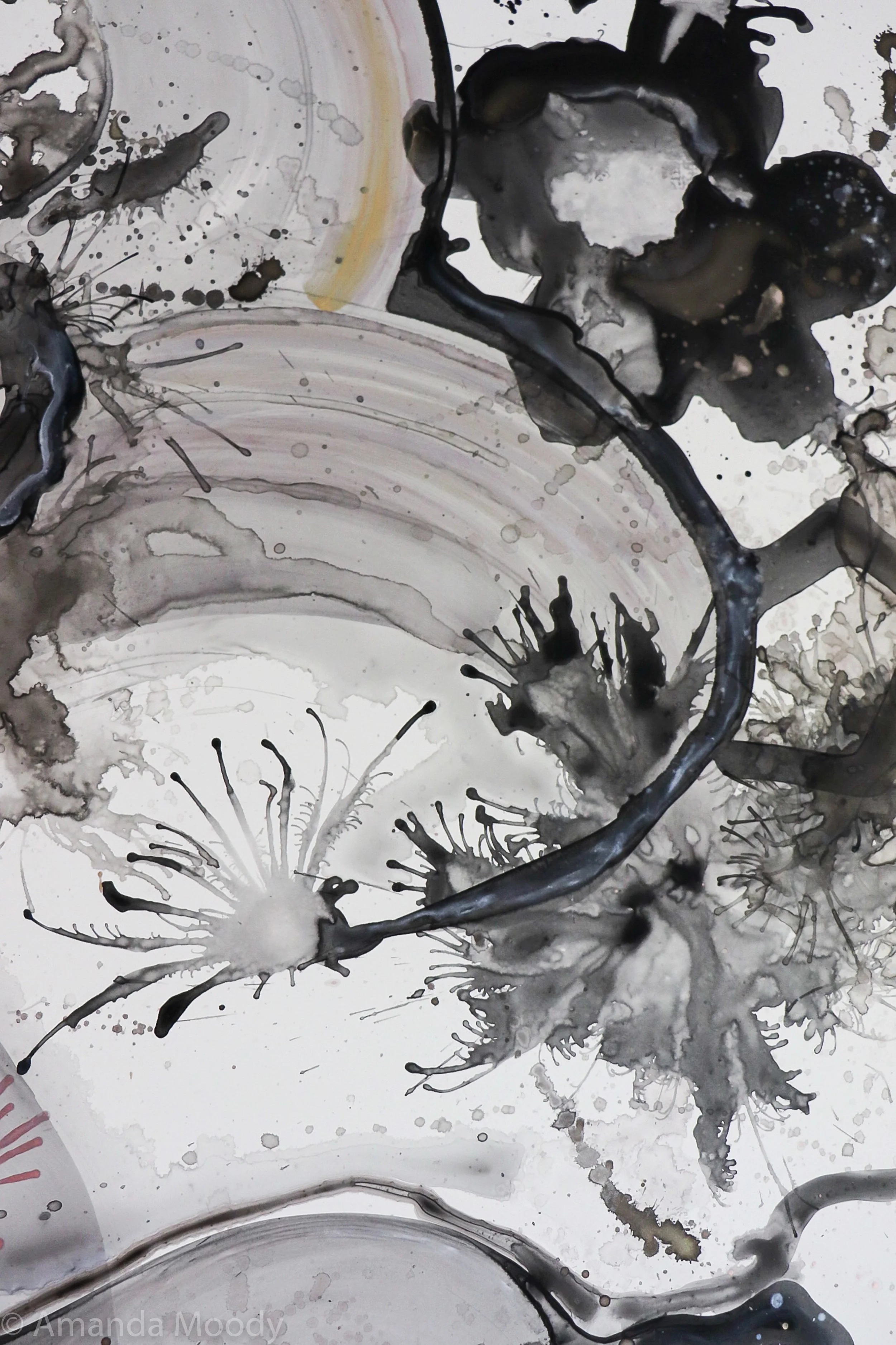 detail of work in progress tumbling dice mixed media and resin by north carolina abstract artist amanda moody