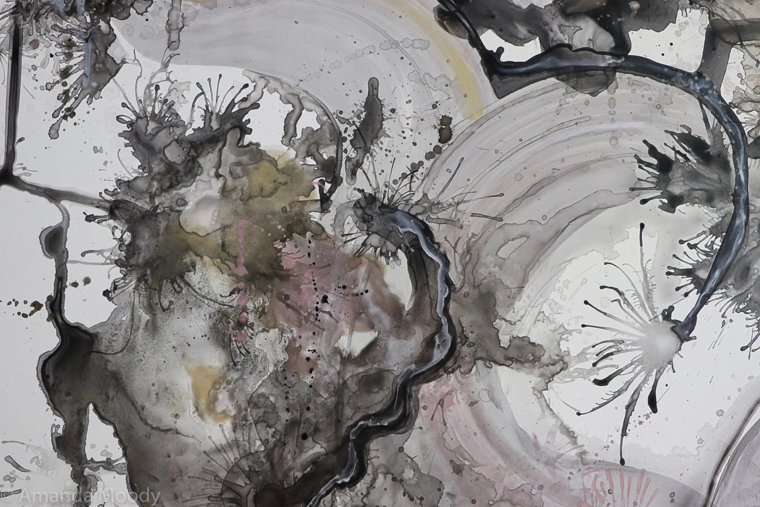 detail of work in progress tumbling dice mixed media and resin by north carolina abstract artist amanda moody