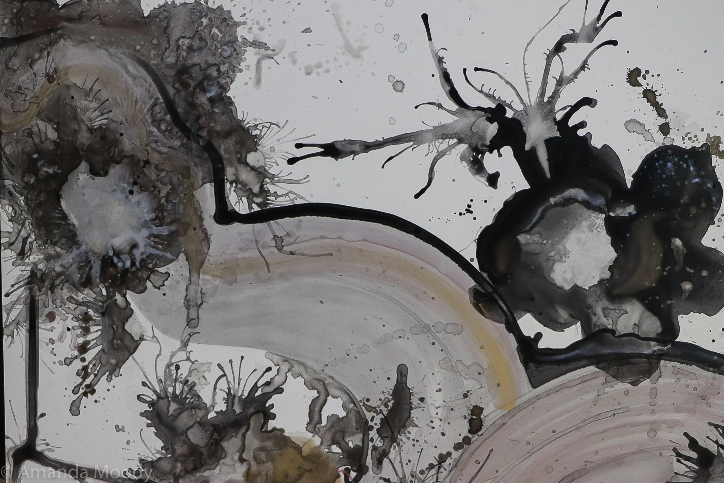 detail of work in progress tumbling dice mixed media and resin by north carolina abstract artist amanda moody