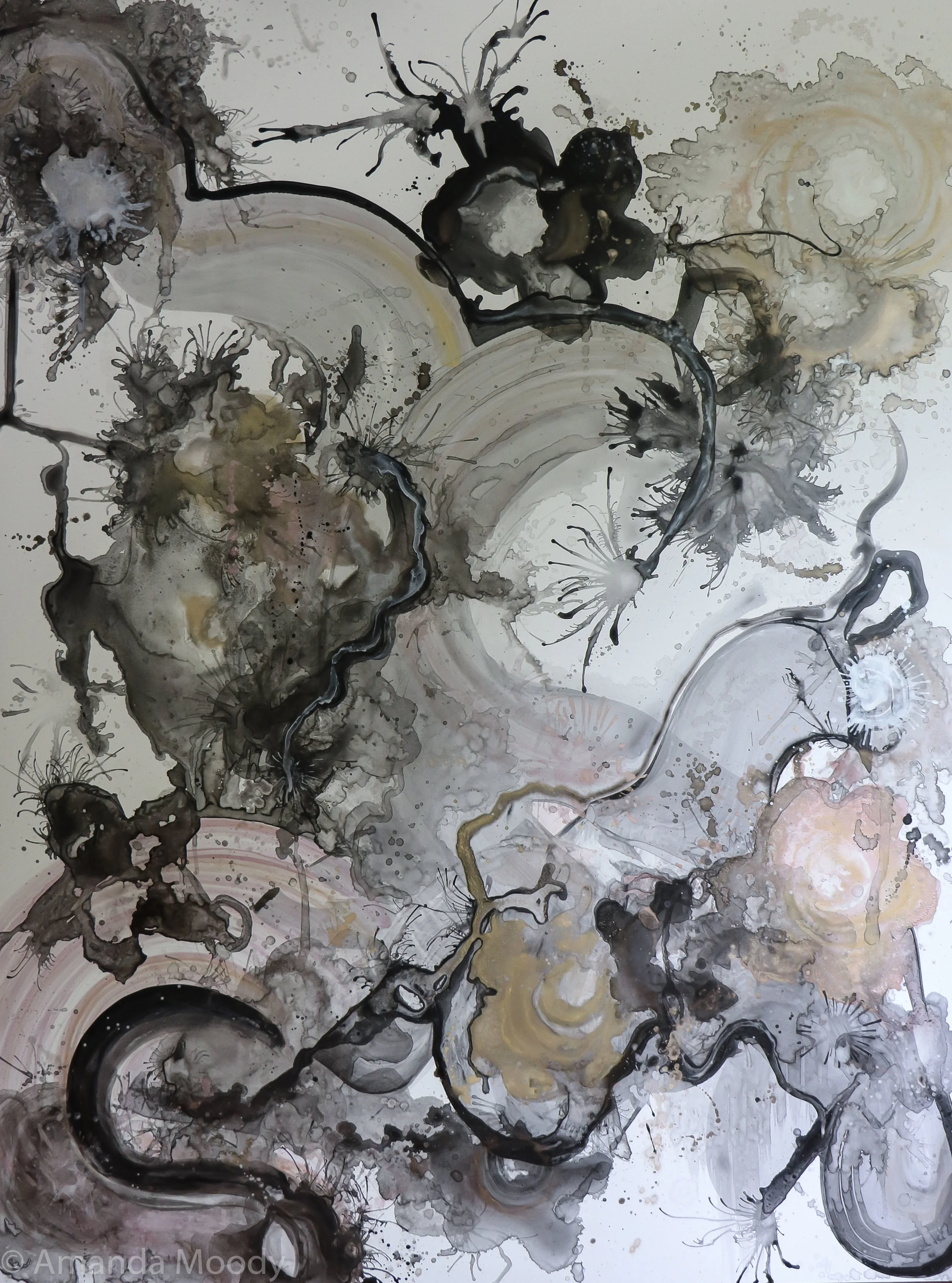 detail of work in progress tumbling dice mixed media and resin by north carolina abstract artist amanda moody