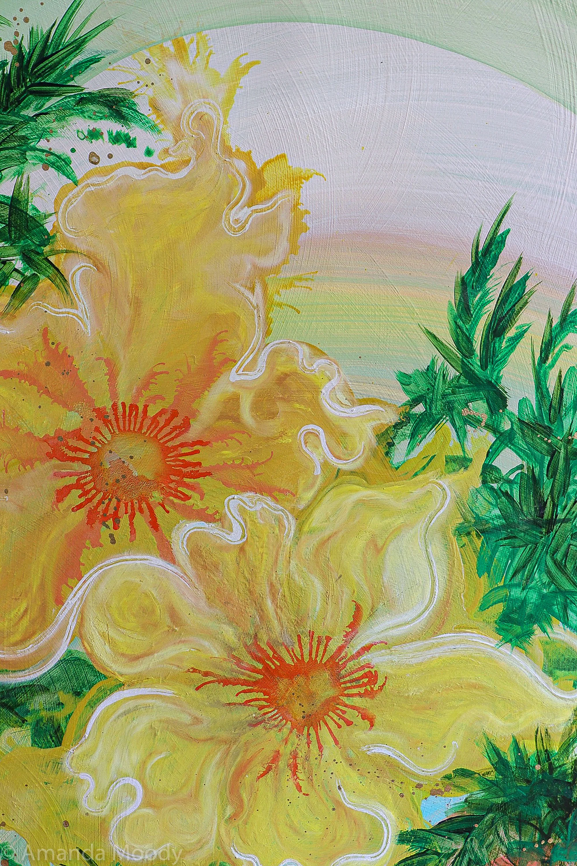 detail of work in progress, arcadia mixed media resin vintage surfboard by north carolina artist amanda moody 