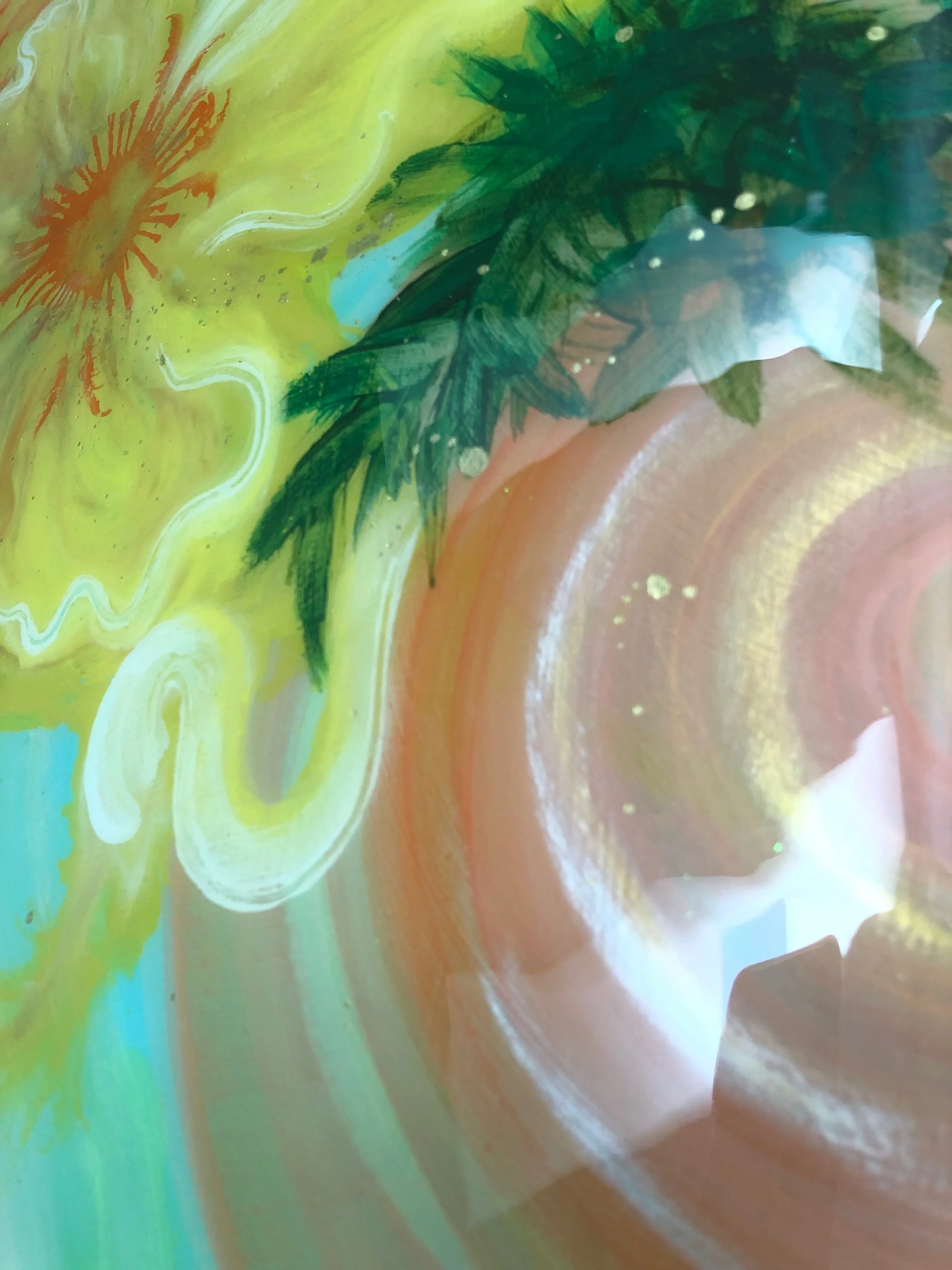 detail of arcadia mixed media and resin on vintage surfboard by north carolina abstract artist amanda moody