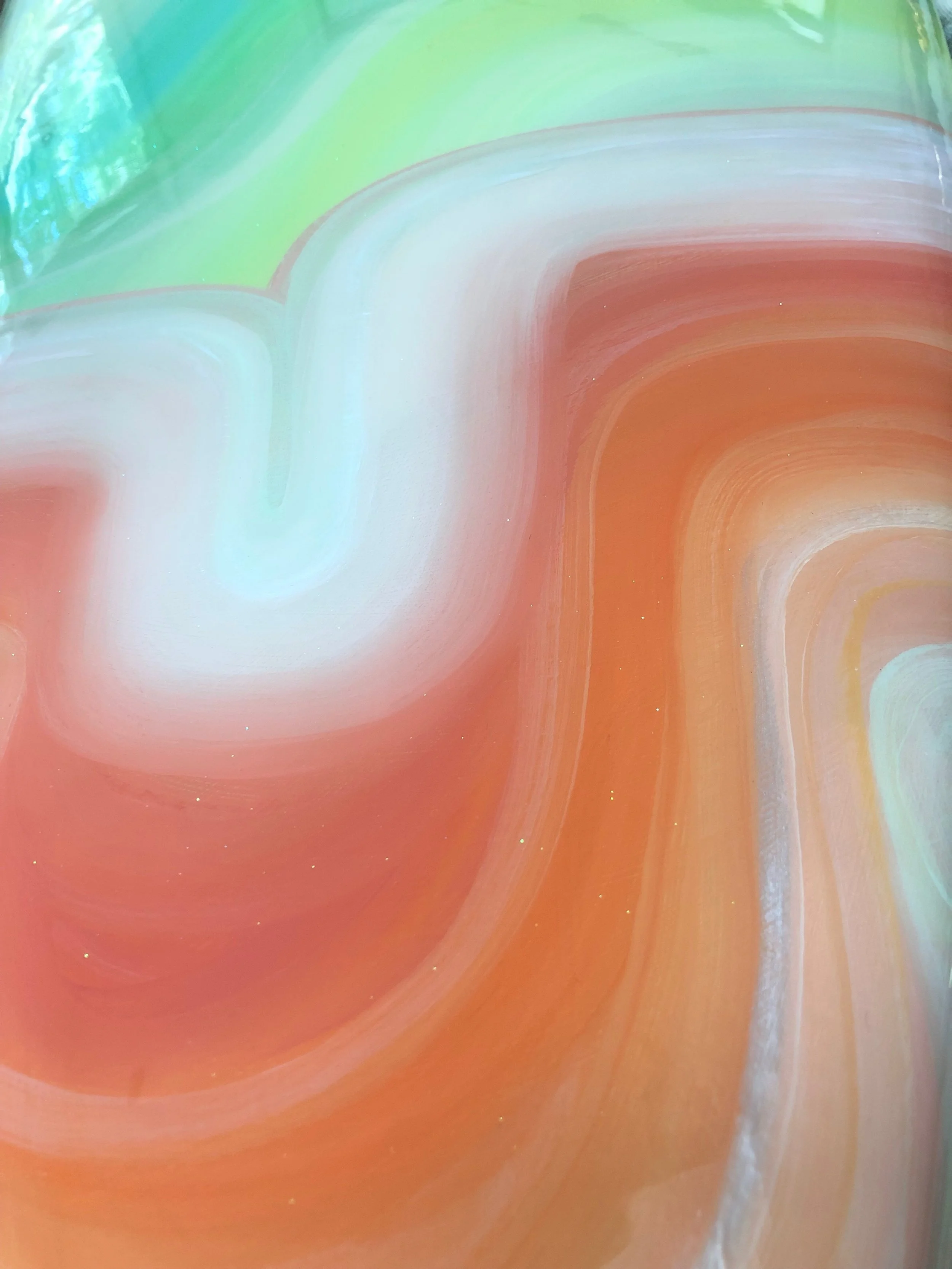 detail of arcadia mixed media and resin on vintage surfboard by north carolina abstract artist amanda moody