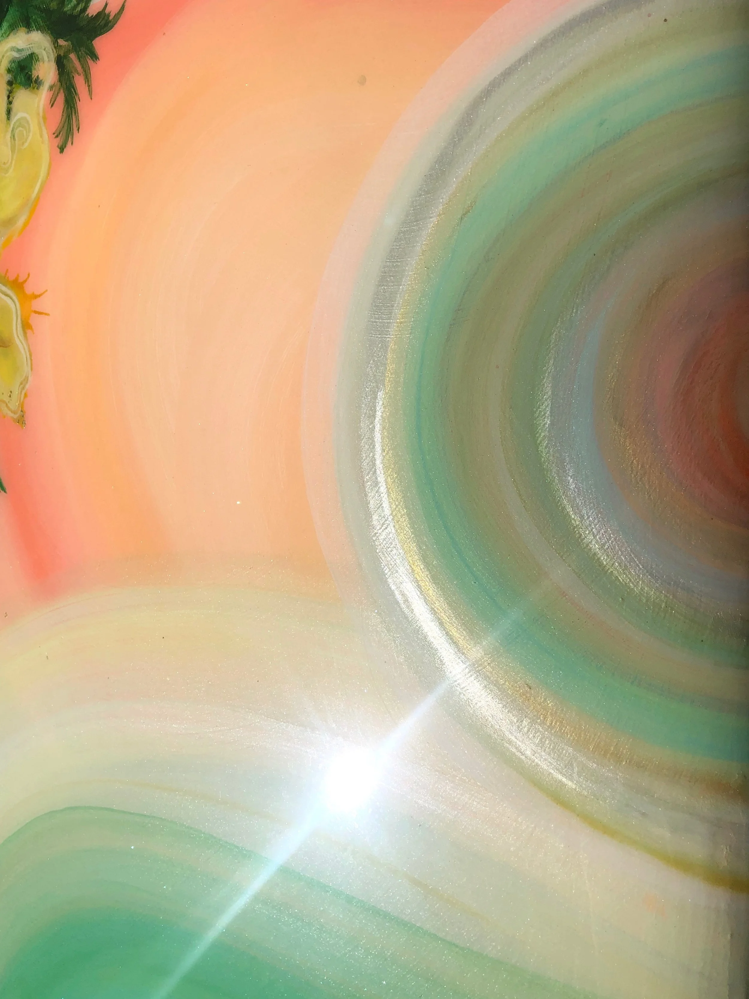 detail of arcadia mixed media and resin on vintage surfboard by north carolina abstract artist amanda moody