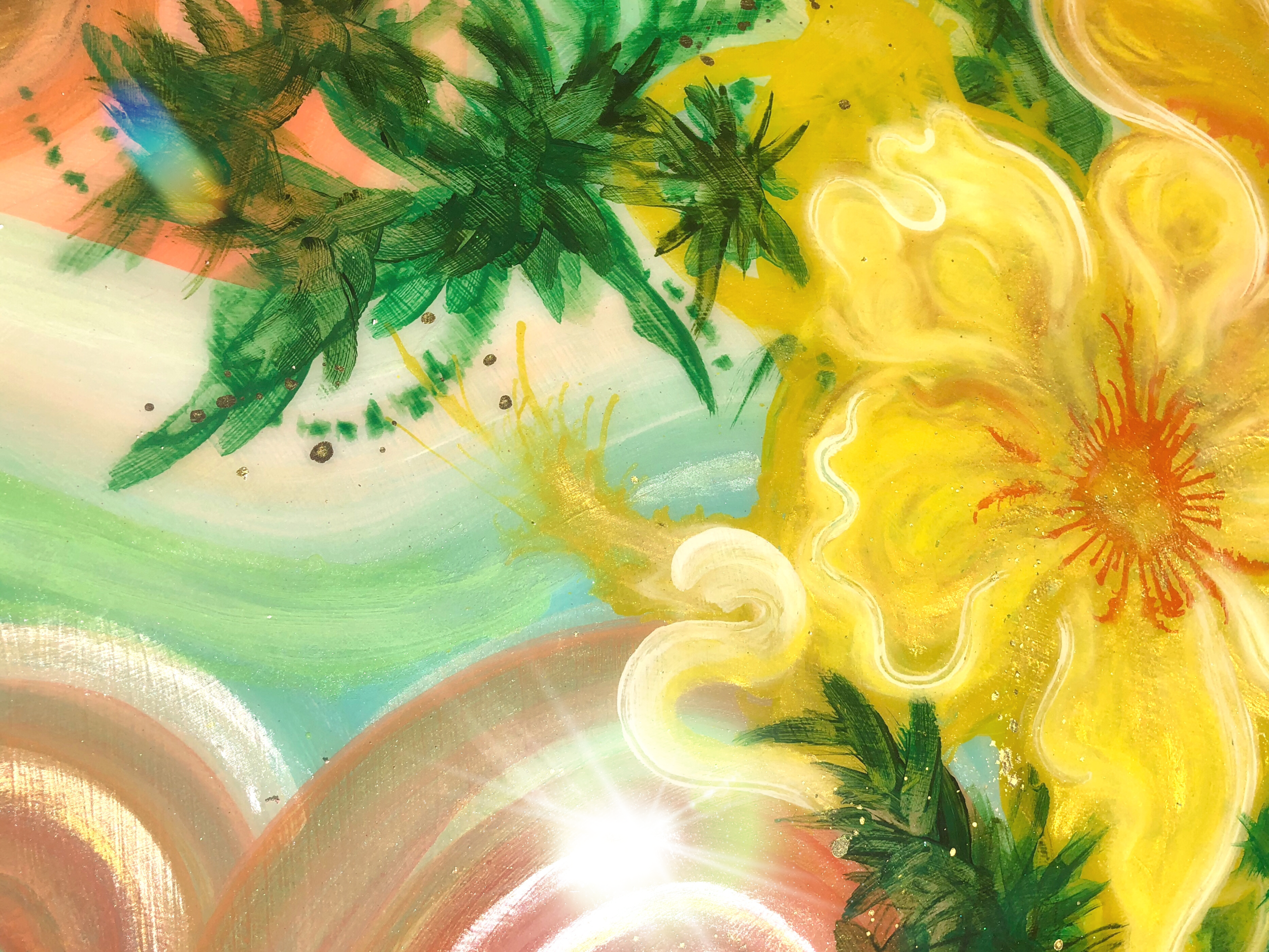 detail of arcadia mixed media and resin on vintage surfboard by north carolina abstract artist amanda moody