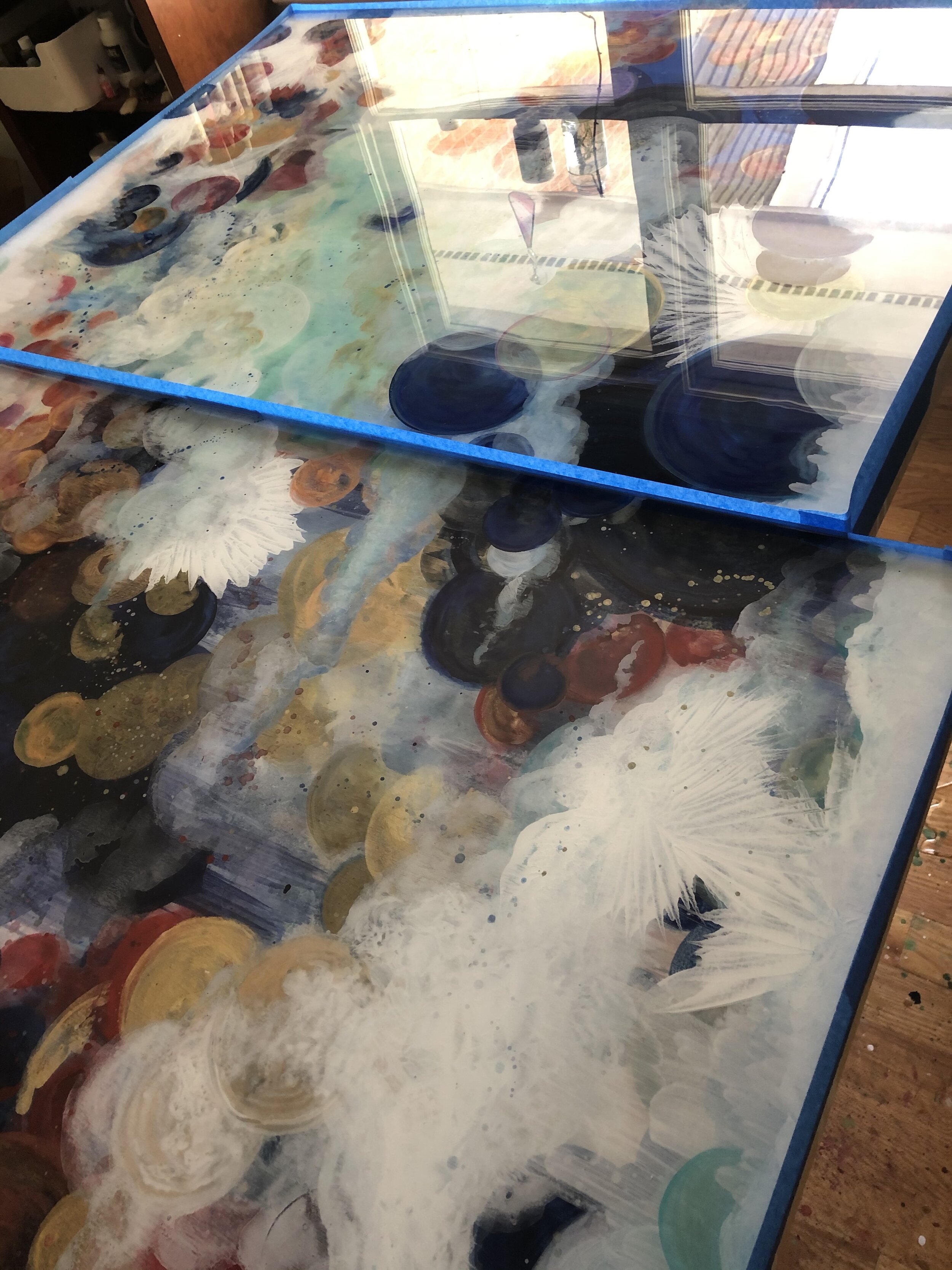  detail of work in progress resin art diptych by north carolina artist amanda moody 