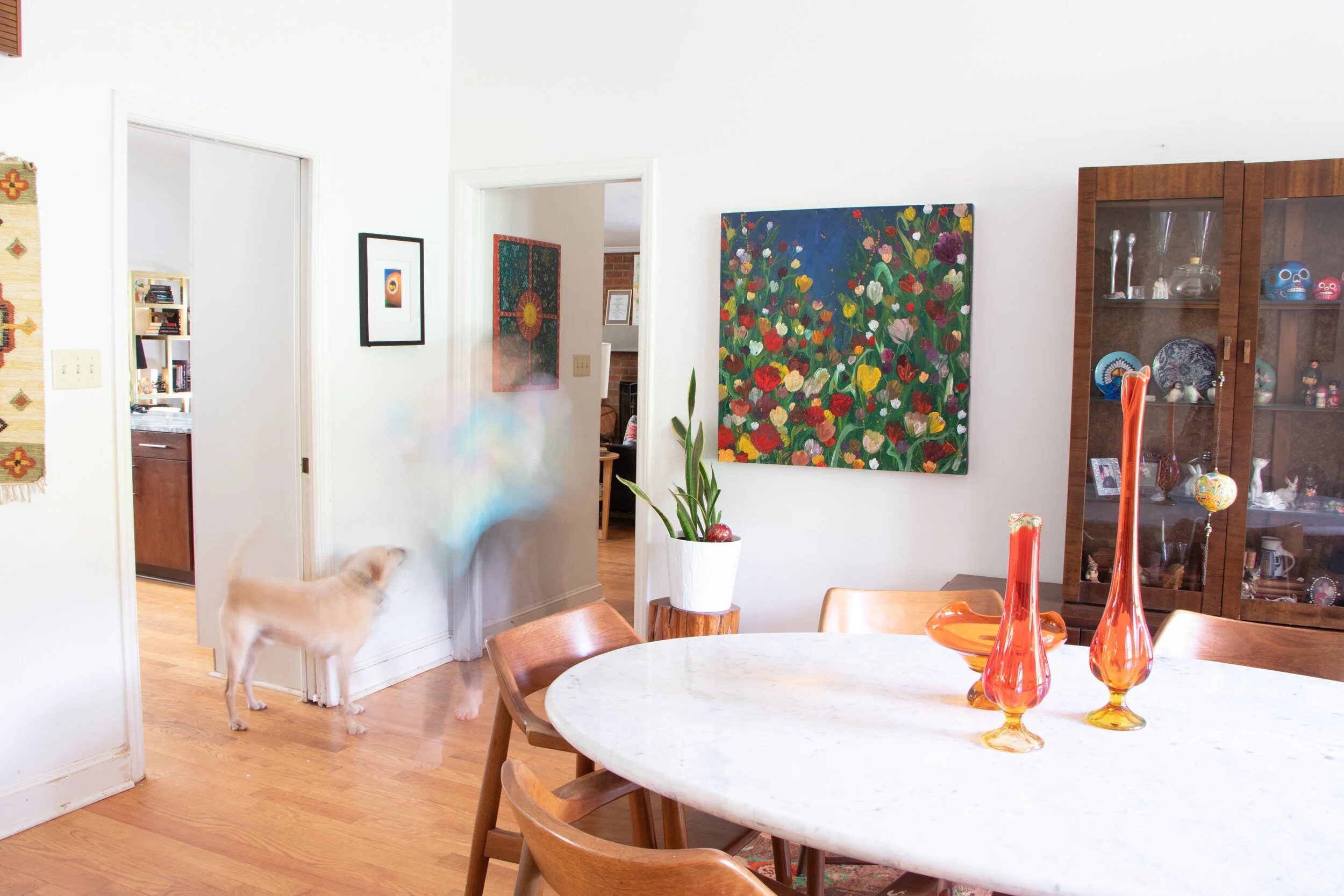  detail of kodachrome work in progress mixed media abstract floral on cradled wood by artist Amanda Moody 