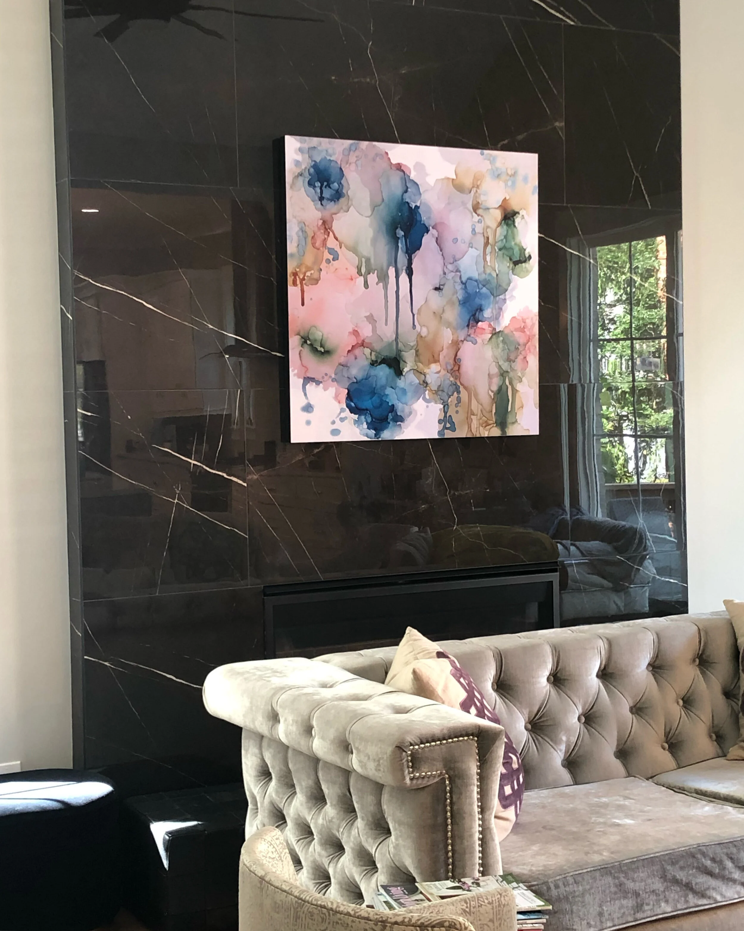 installation of aluminum print of balancing act alcohol ink abstract by amanda moody