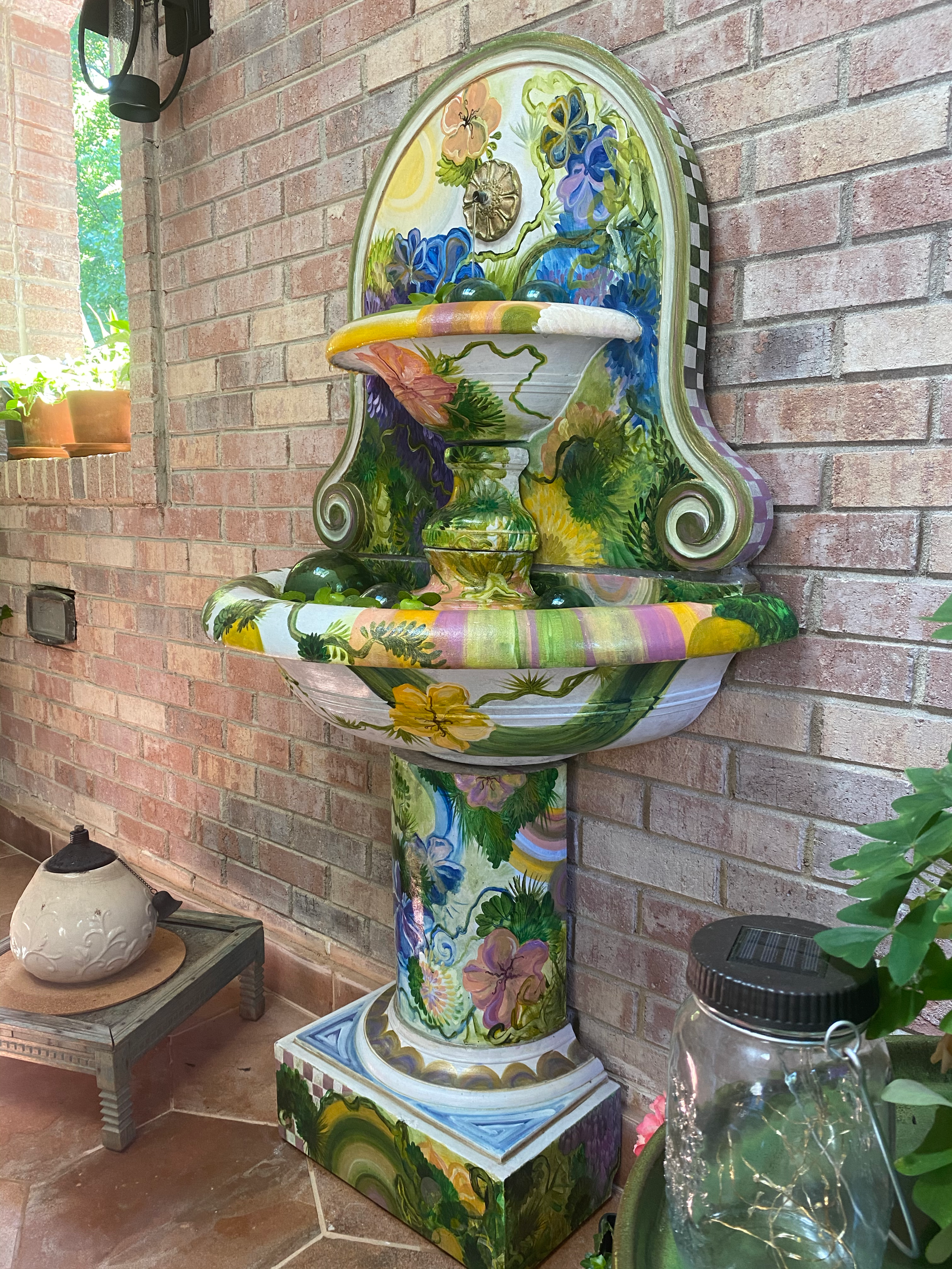 detail of la fontaine painted fountain by NC artist Amanda Moody