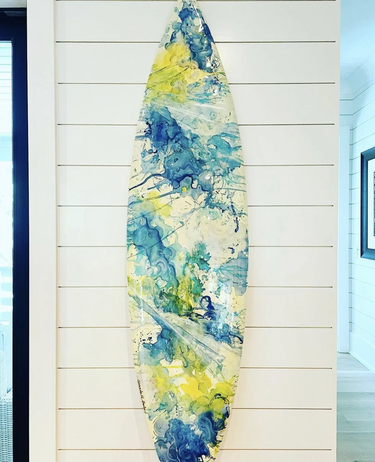 installation of gimme shelter vintage resin surfboard by NC artist Amanda Moody