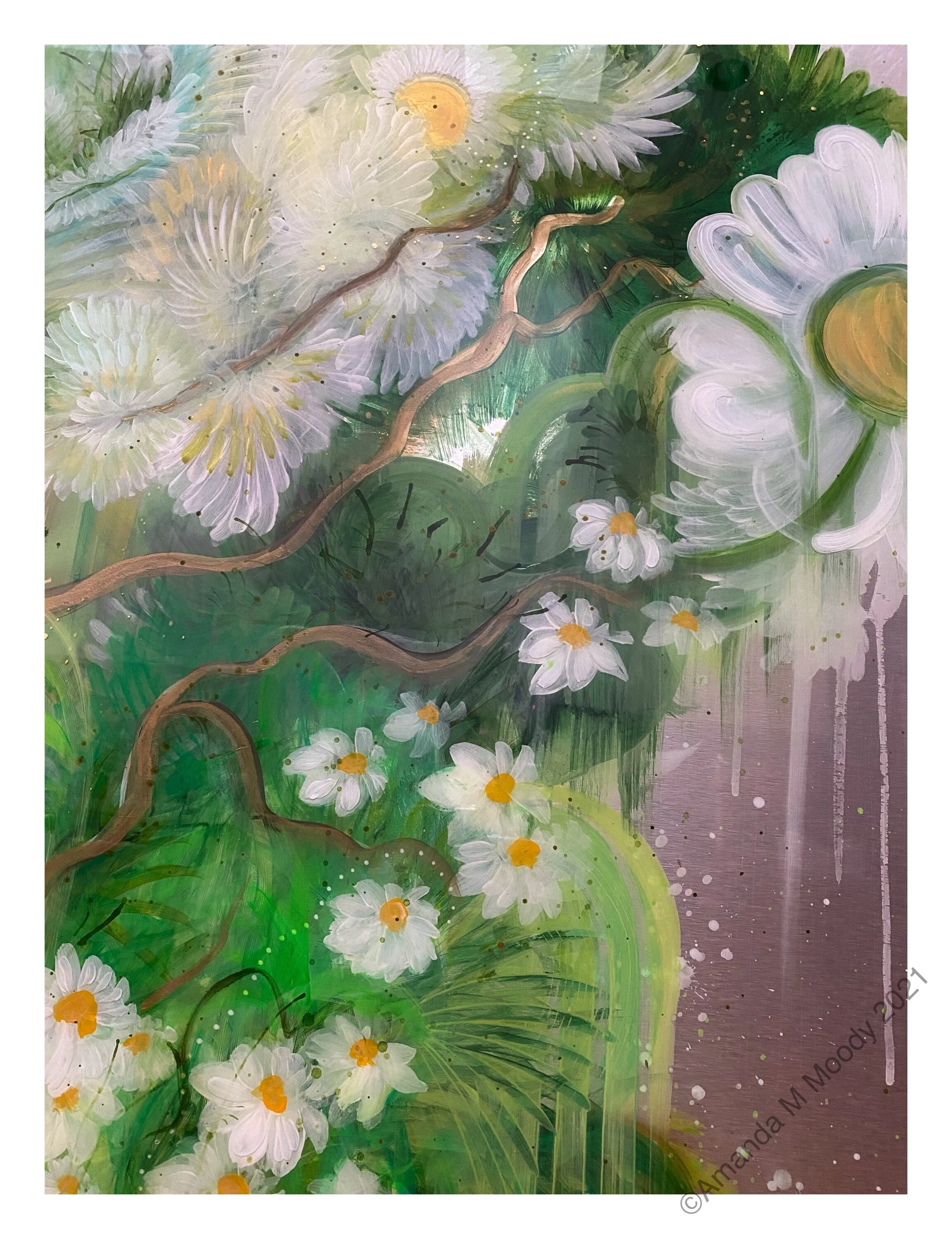 detail of absinthe large scale mixed media and resin abstract botanical art by NC artist Amanda Moody