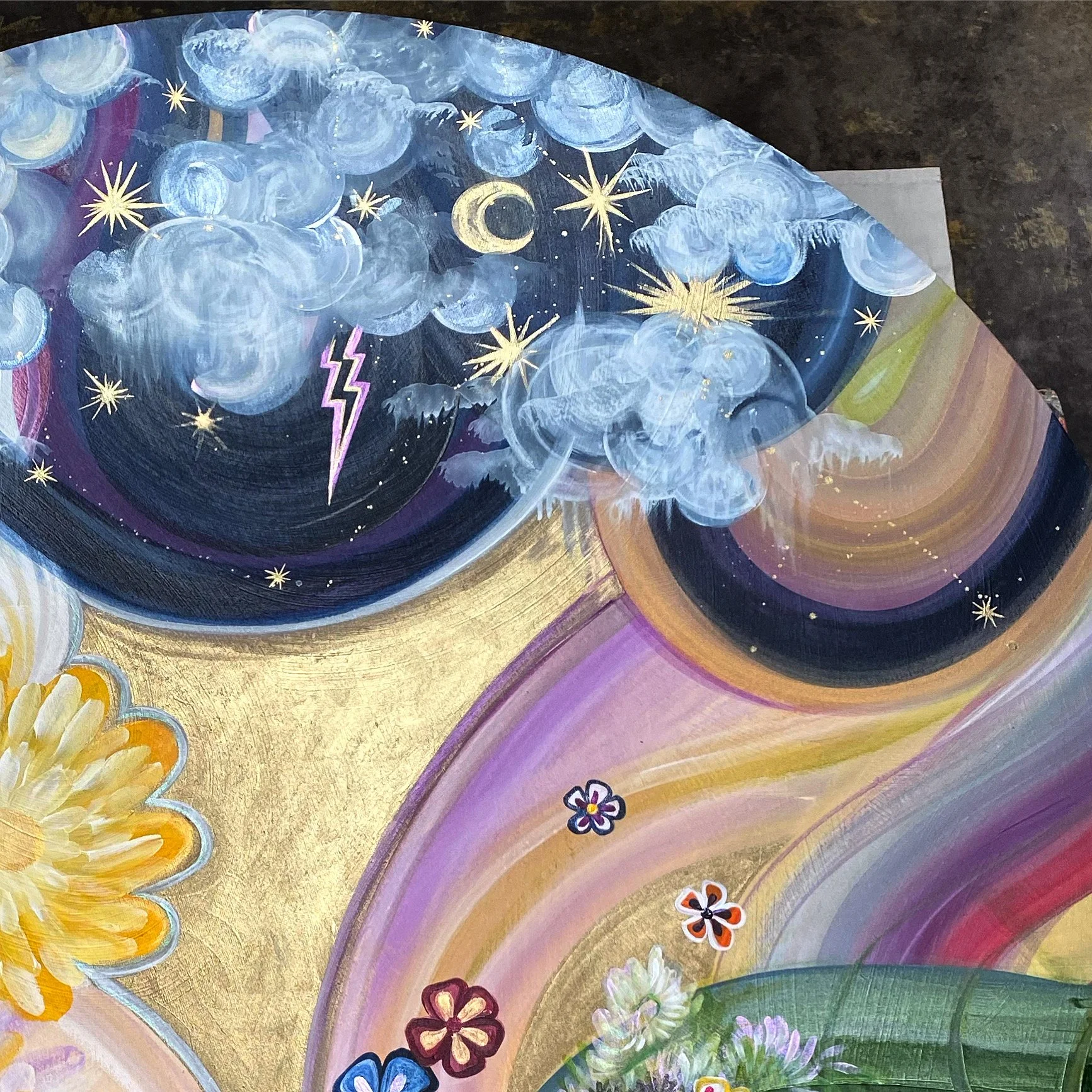 circular mixed media work in progress by north carolina artist Amanda Moody