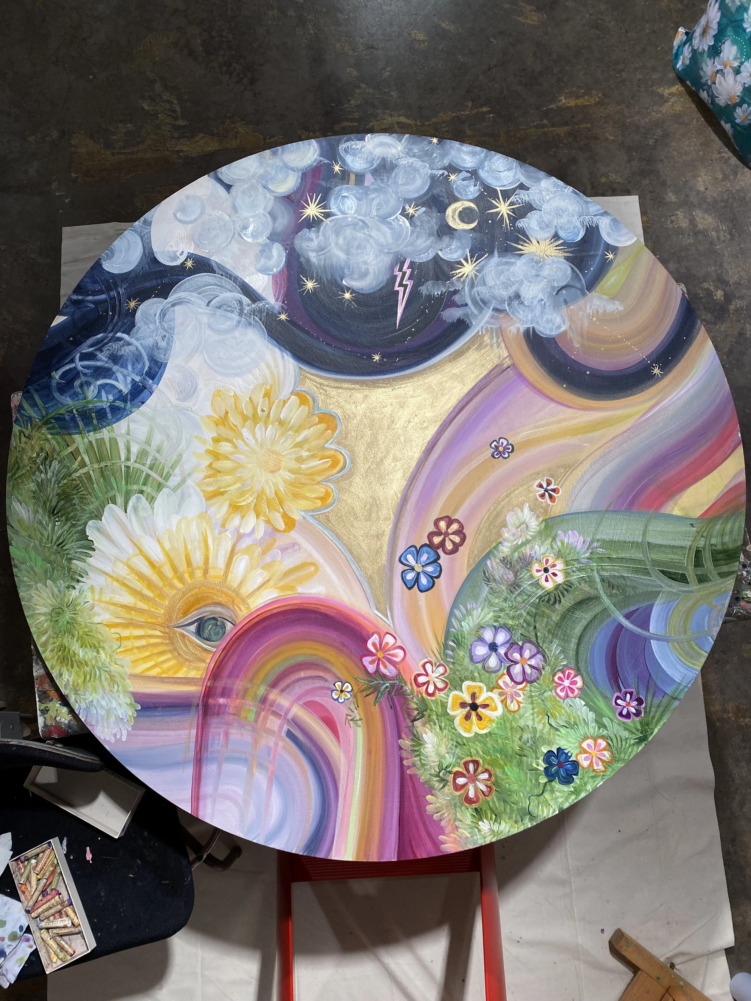 circular mixed media work in progress by north carolina artist Amanda Moody