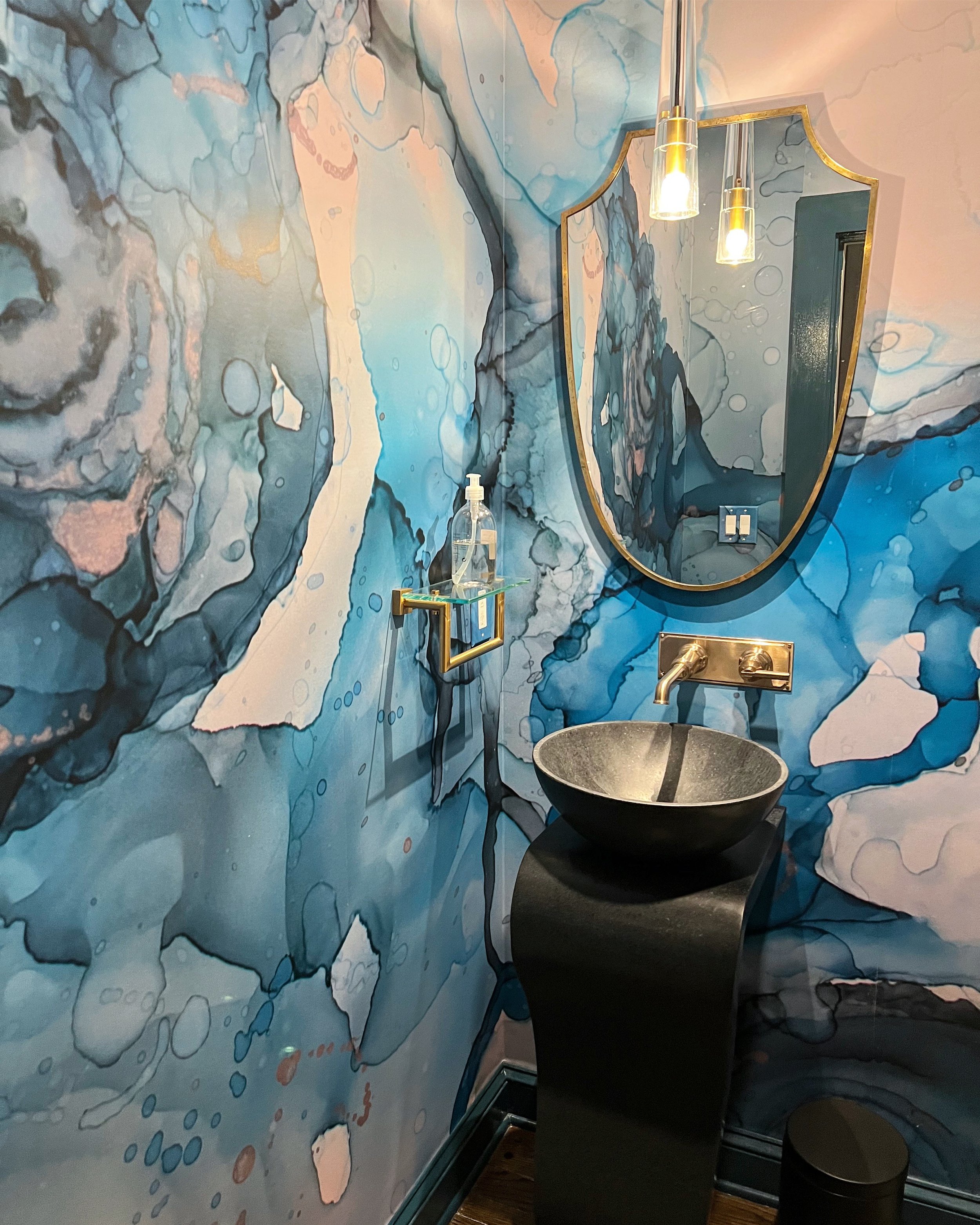 installation stillwater wallpaper mural artist bombshelves amanda moody nancy izlar interiors atlanta georgia