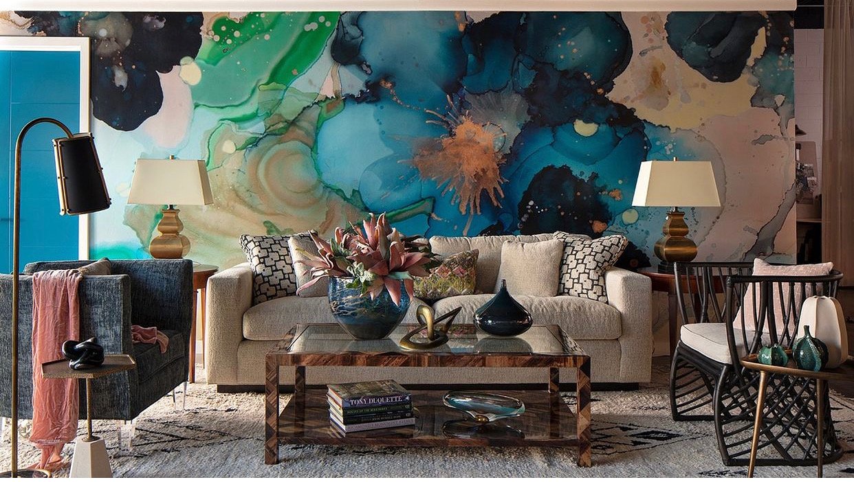 installation of anemone mural jennifer stoner interiors richmond virginia artist amanda moody bombshelves