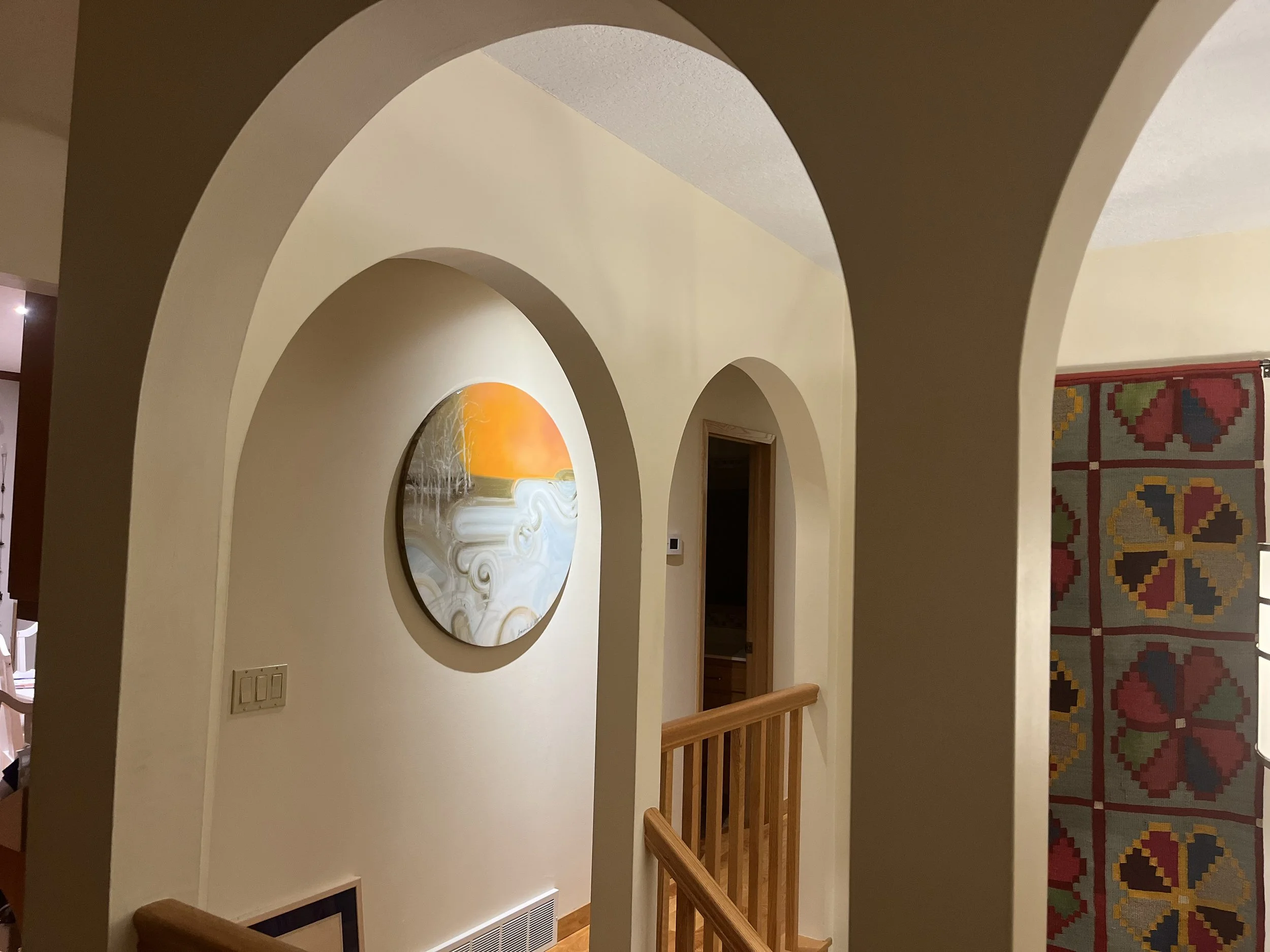 Detail of Alignment mixed media resin contemporary landscape on wood by nc artist Amanda moody