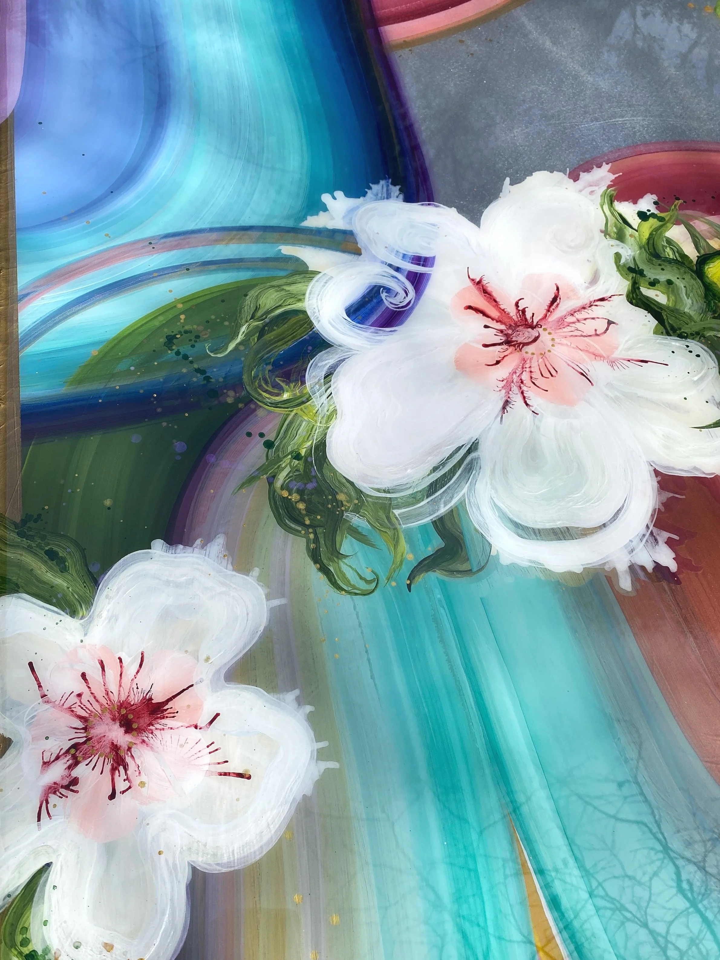 detail of acapulco ii mixed media and resin on cradled aluminum abstract contemporary floral by north carolina artist amanda moody