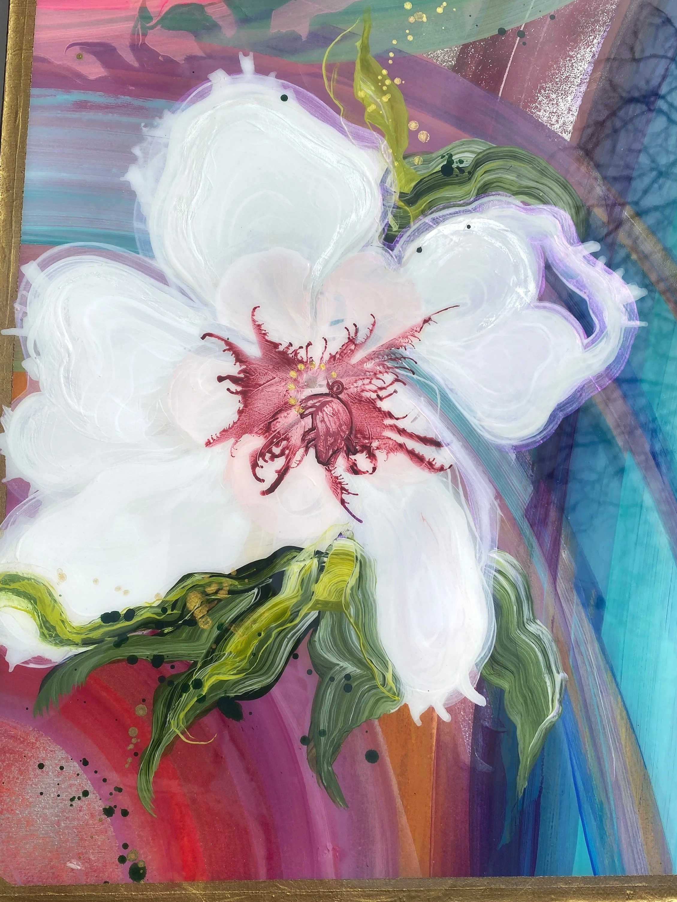 detail of acapulco ii mixed media and resin on cradled aluminum abstract contemporary floral by north carolina artist amanda moody