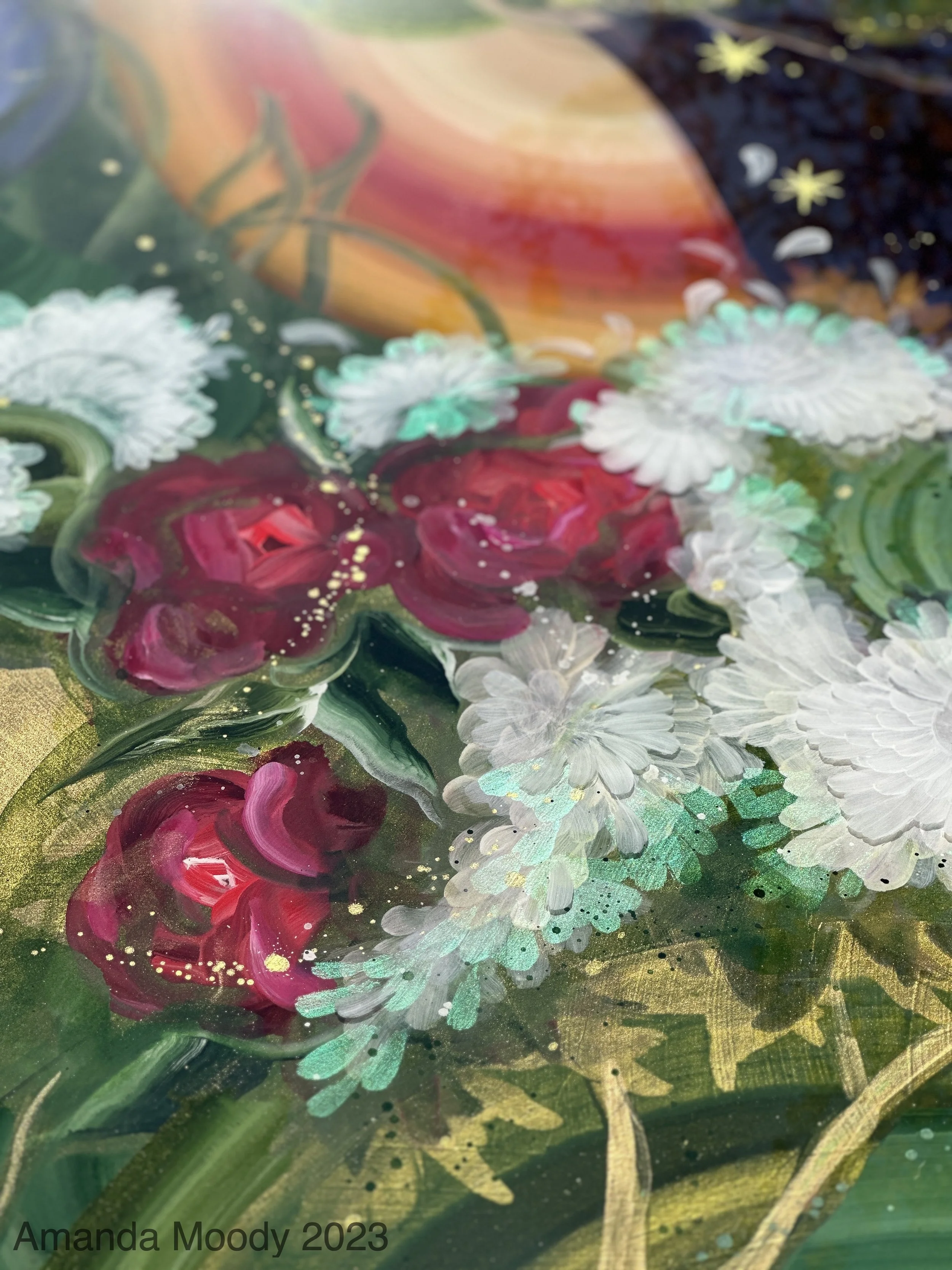 detail of burlesque abstract contemporary floral mixed media resin painting by north carolina artist Amanda Moody
