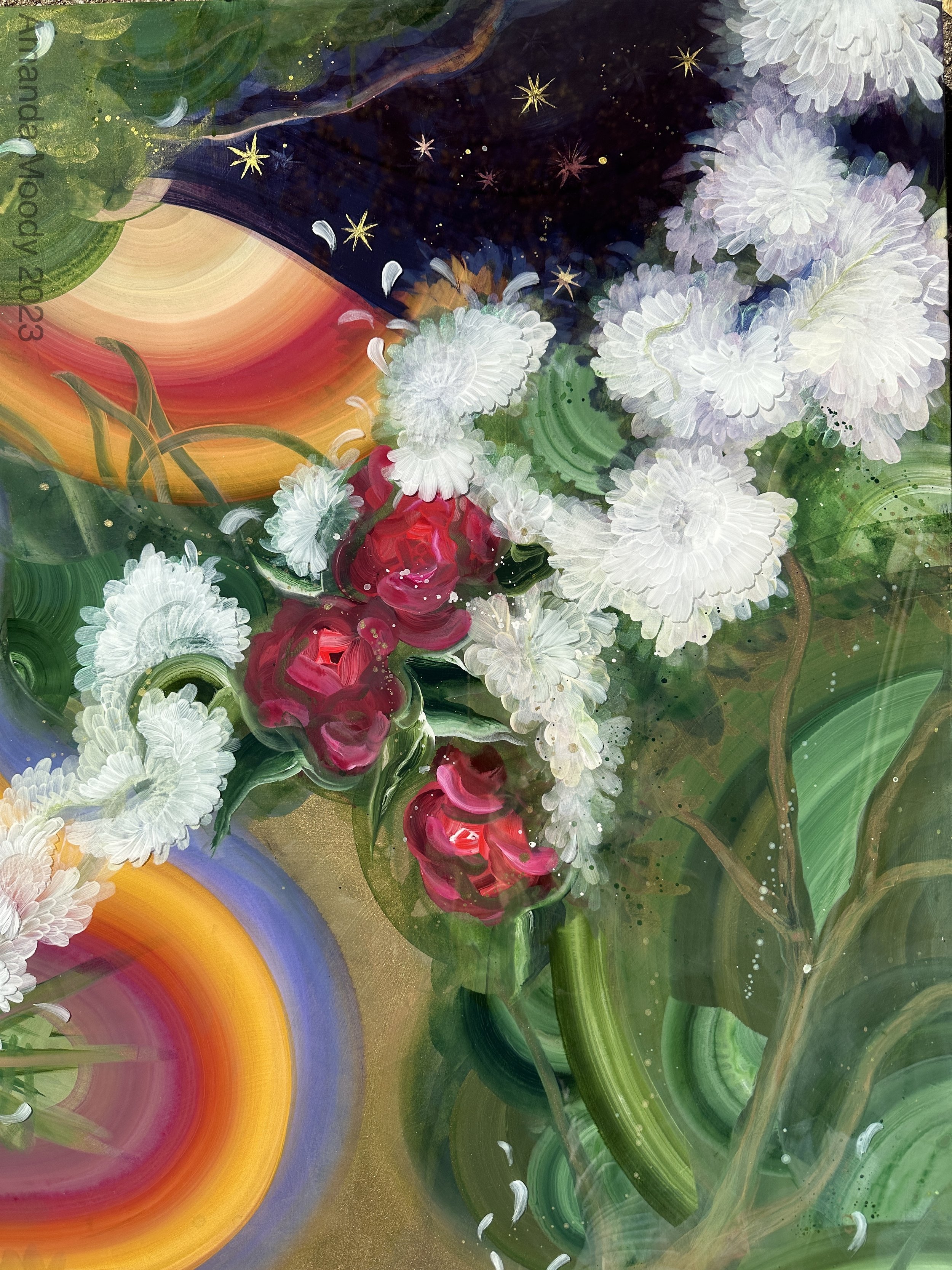 detail of burlesque abstract contemporary floral mixed media resin painting by north carolina artist Amanda Moody