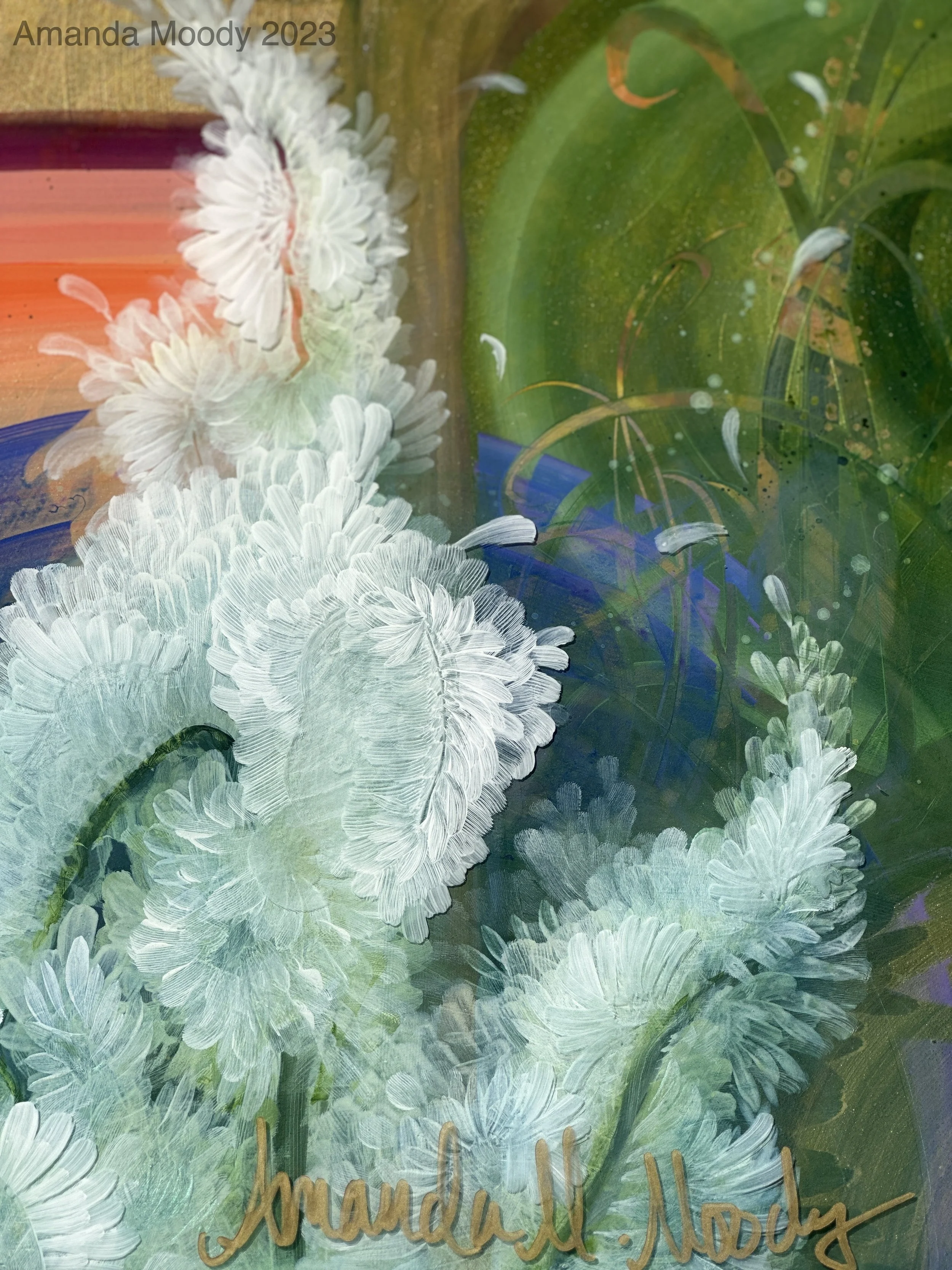 detail of burlesque abstract contemporary floral mixed media resin painting by north carolina artist Amanda Moody