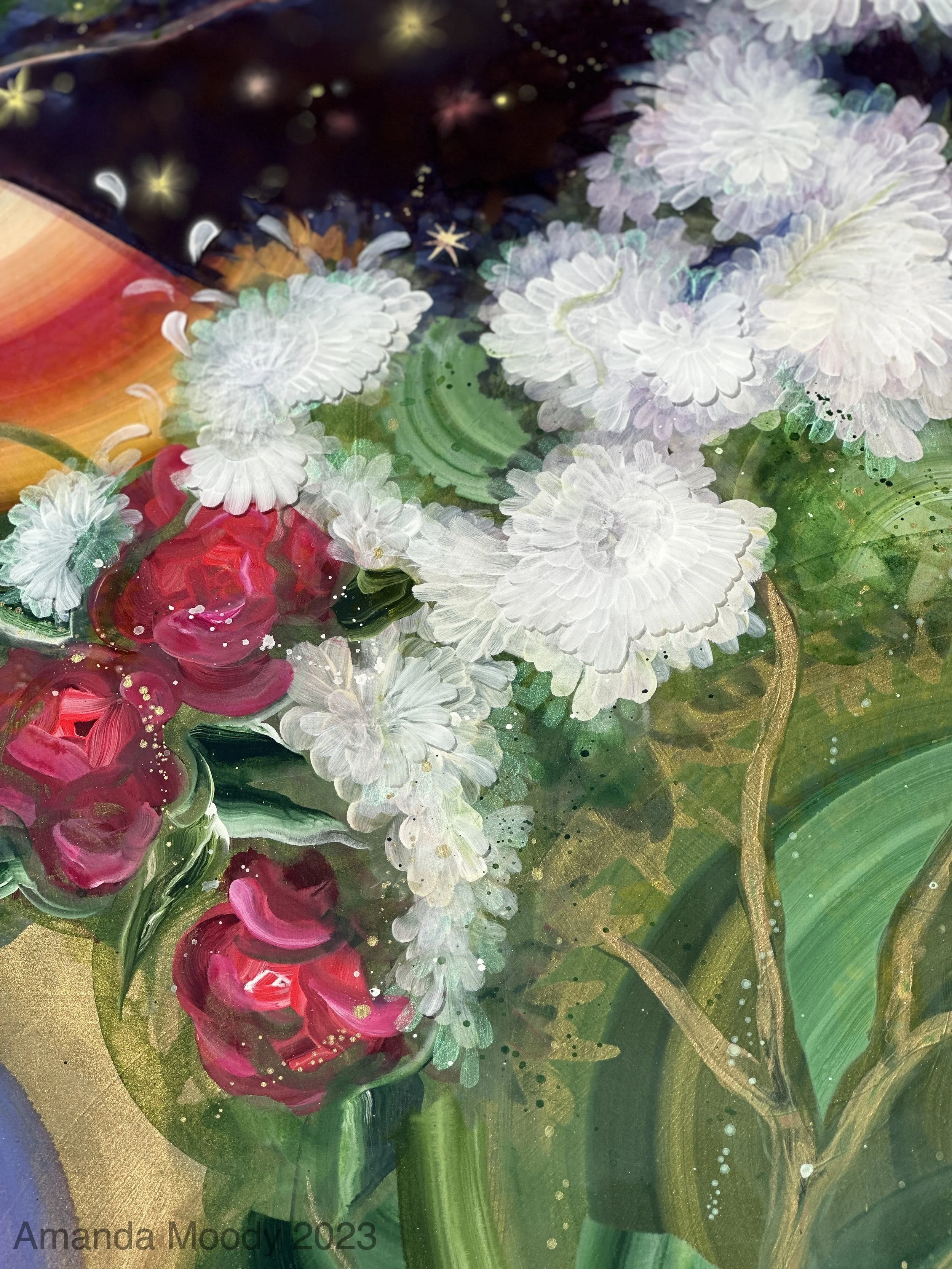 detail of burlesque abstract contemporary floral mixed media resin painting by north carolina artist Amanda Moody