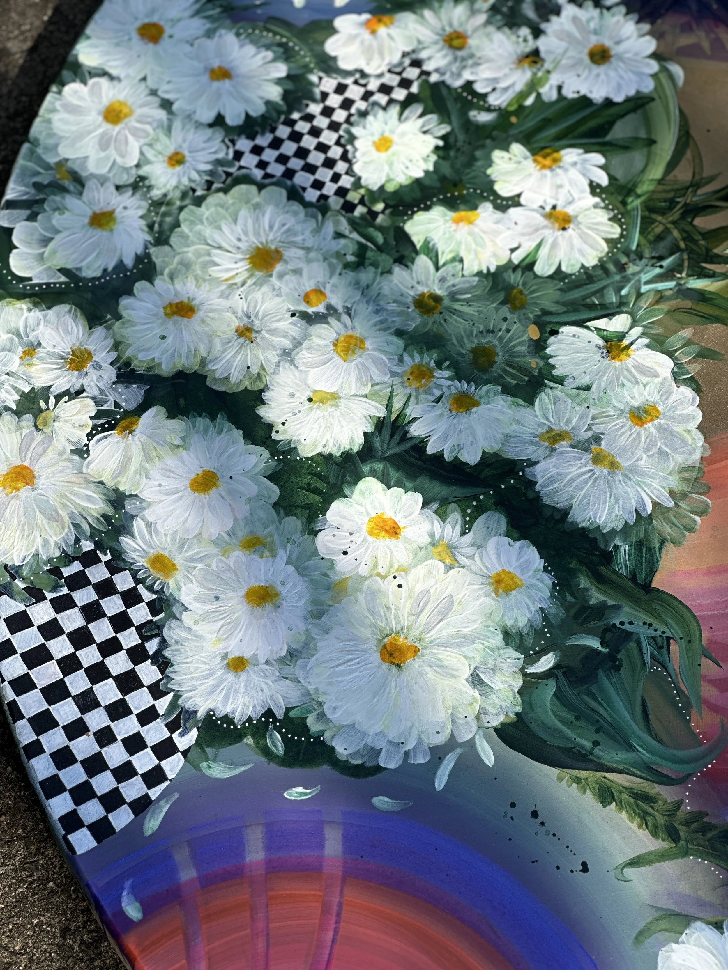 artist Amanda Moody, detail of work in progress hand painted resin table for Pinky's Westside Grill in Huntersville, NC