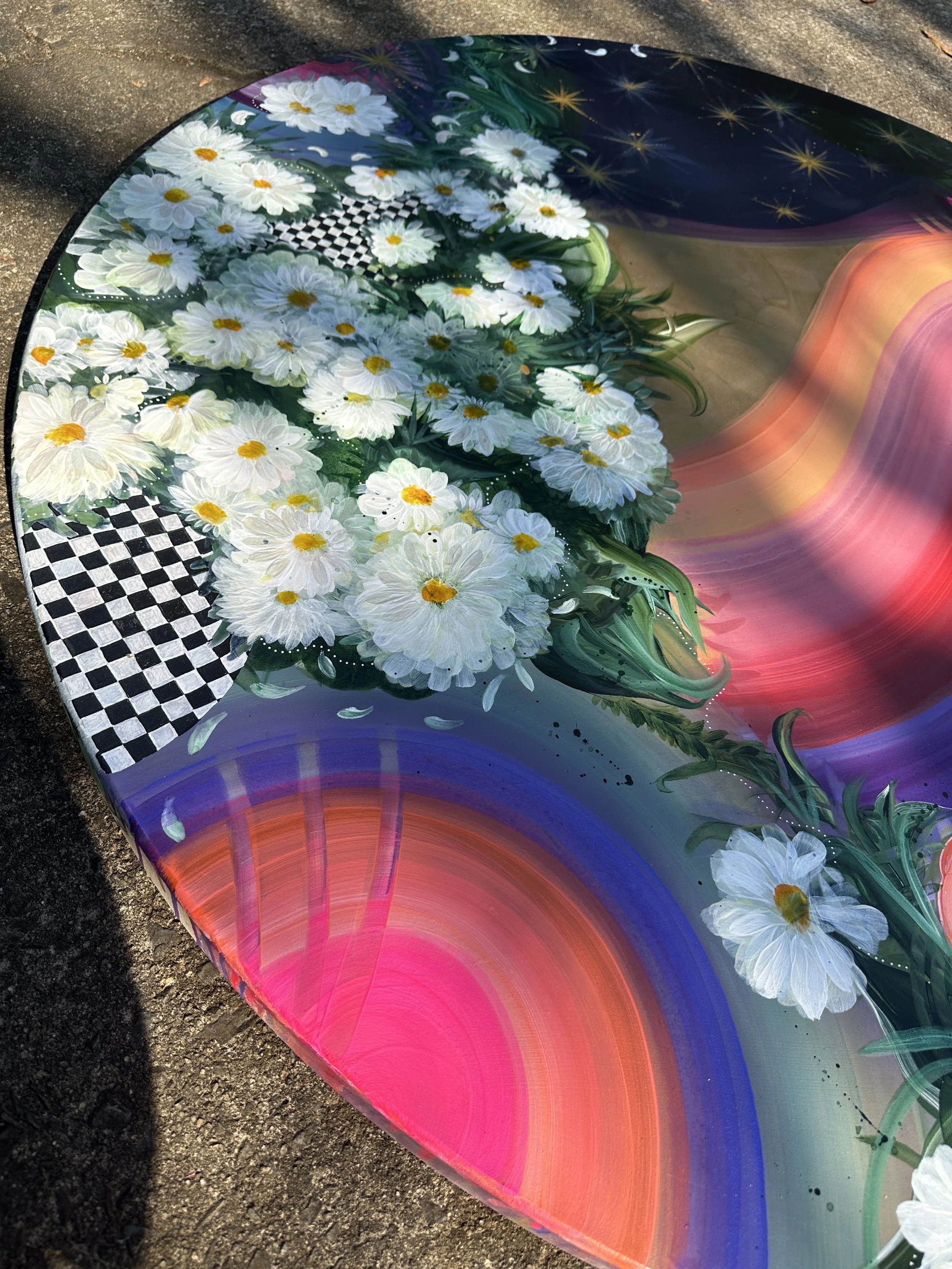 artist  Amanda Moody, detail of work in progress hand painted resin table for Pinky's Westside Grill in Huntersville, NC