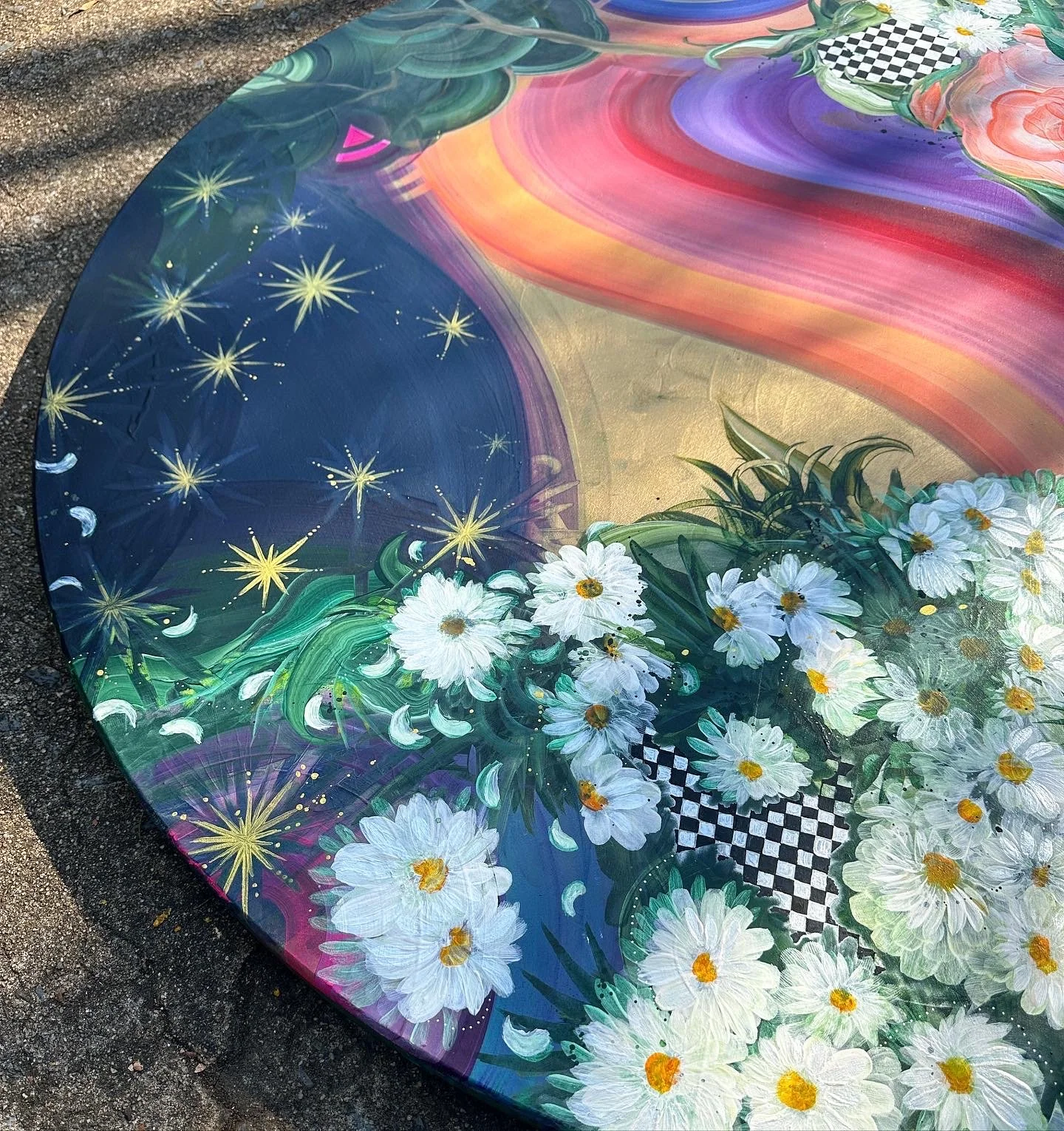 artist  Amanda Moody, detail of work in progress hand painted resin table for Pinky's Westside Grill in Huntersville, NC