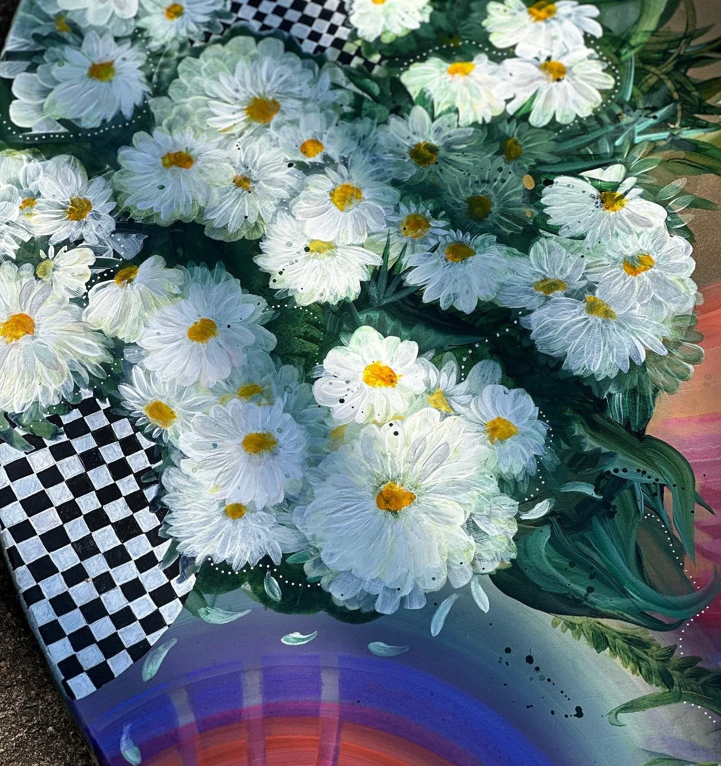 artist  Amanda Moody, detail of work in progress hand painted resin table for Pinky's Westside Grill in Huntersville, NC