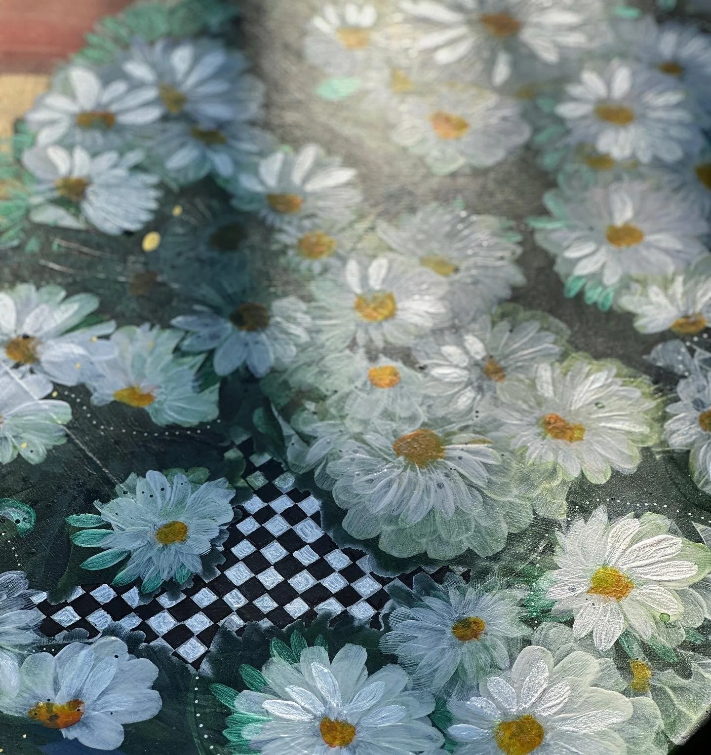 artist  Amanda Moody, detail of work in progress hand painted resin table for Pinky's Westside Grill in Huntersville, NC