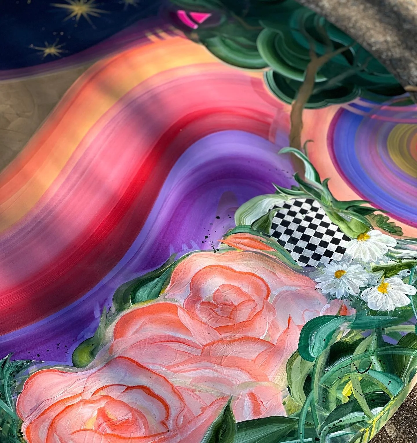 artist  Amanda Moody, detail of work in progress hand painted resin table for Pinky's Westside Grill in Huntersville, NC