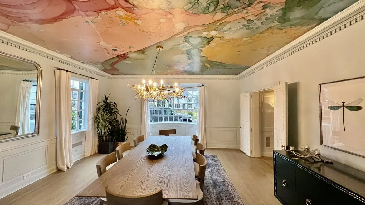 Amanda Moody of Bombshelves Jawbreaker wallpaper mural on ceiling of grandfather homes Barnhardt estate in Charlotte NC