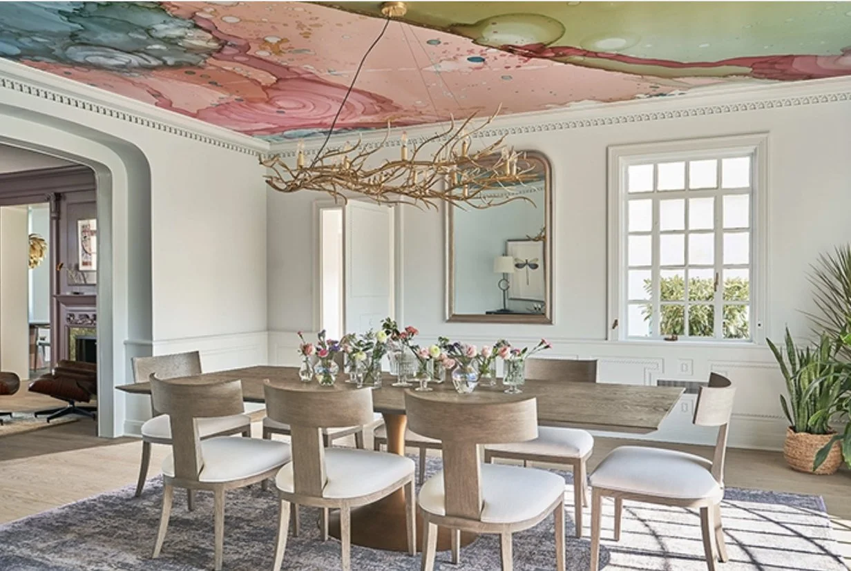 Amanda Moody of Bombshelves Jawbreaker wallpaper mural on ceiling of grandfather homes Barnhardt estate in Charlotte NC