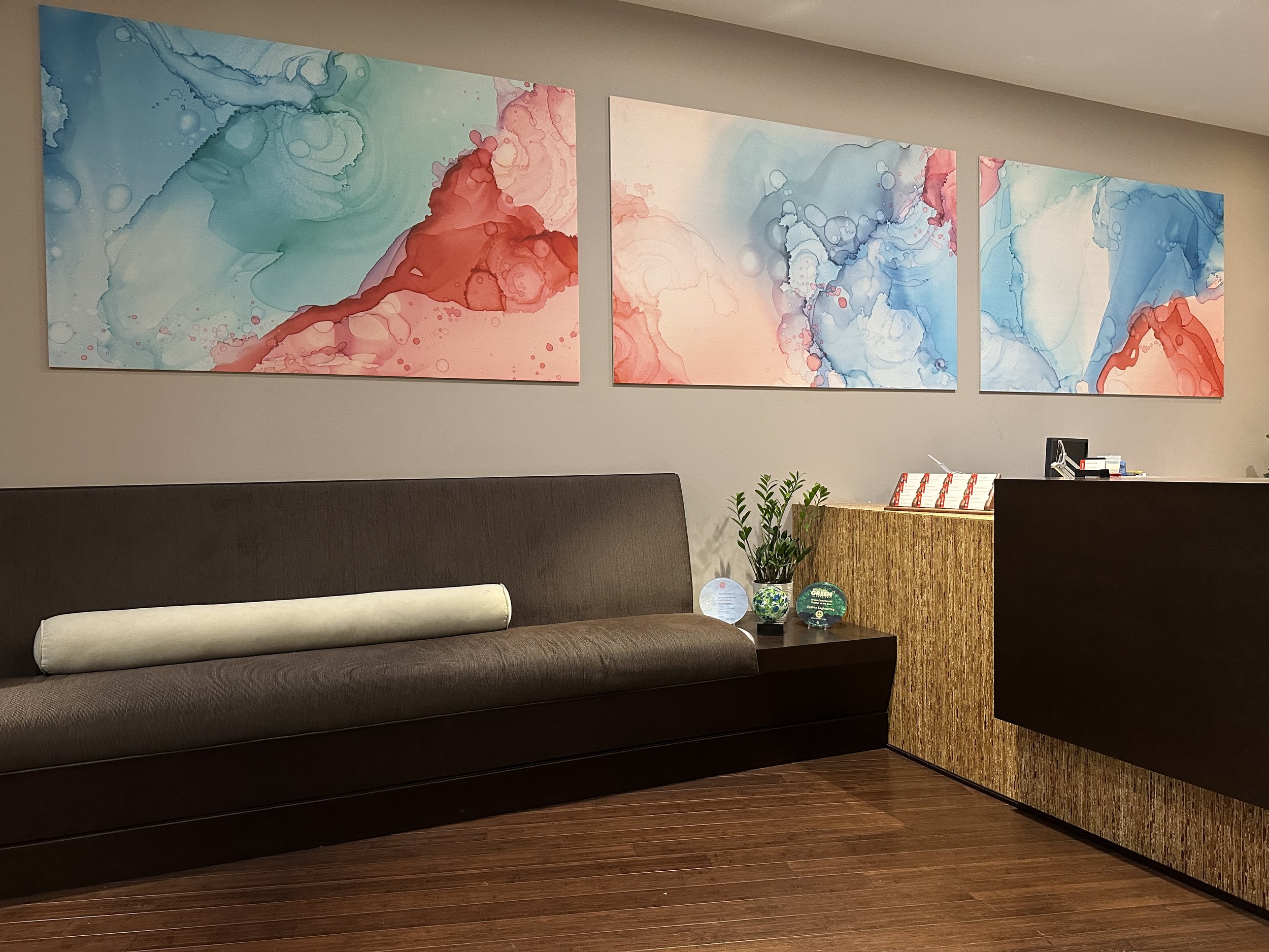 sanguine alcohol ink digitized on Soundcore acoustic panels by NC artist Amanda Moody 