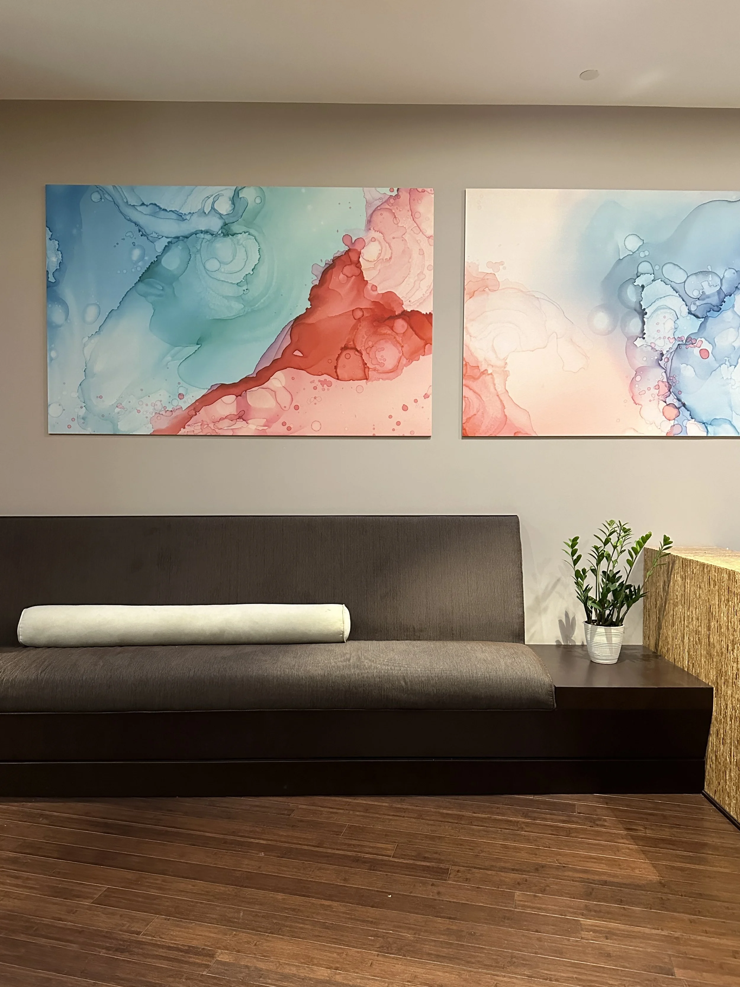 sanguine alcohol ink digitized on Soundcore acoustic panels by NC artist Amanda Moody 