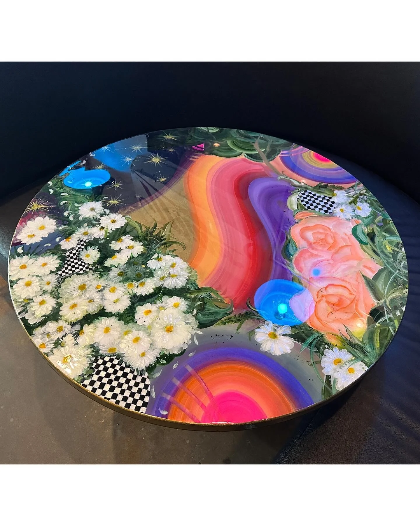 mixed media and layered resin on Boos block table for Pinky's Westside Grill by NC artist Amanda Moody